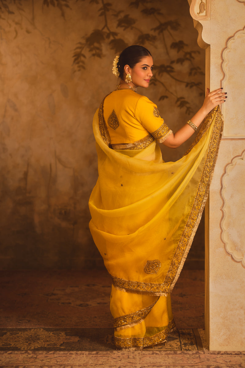 HOOR-E-MAHAL YELLOW OMBRE ORGANZA SAREE