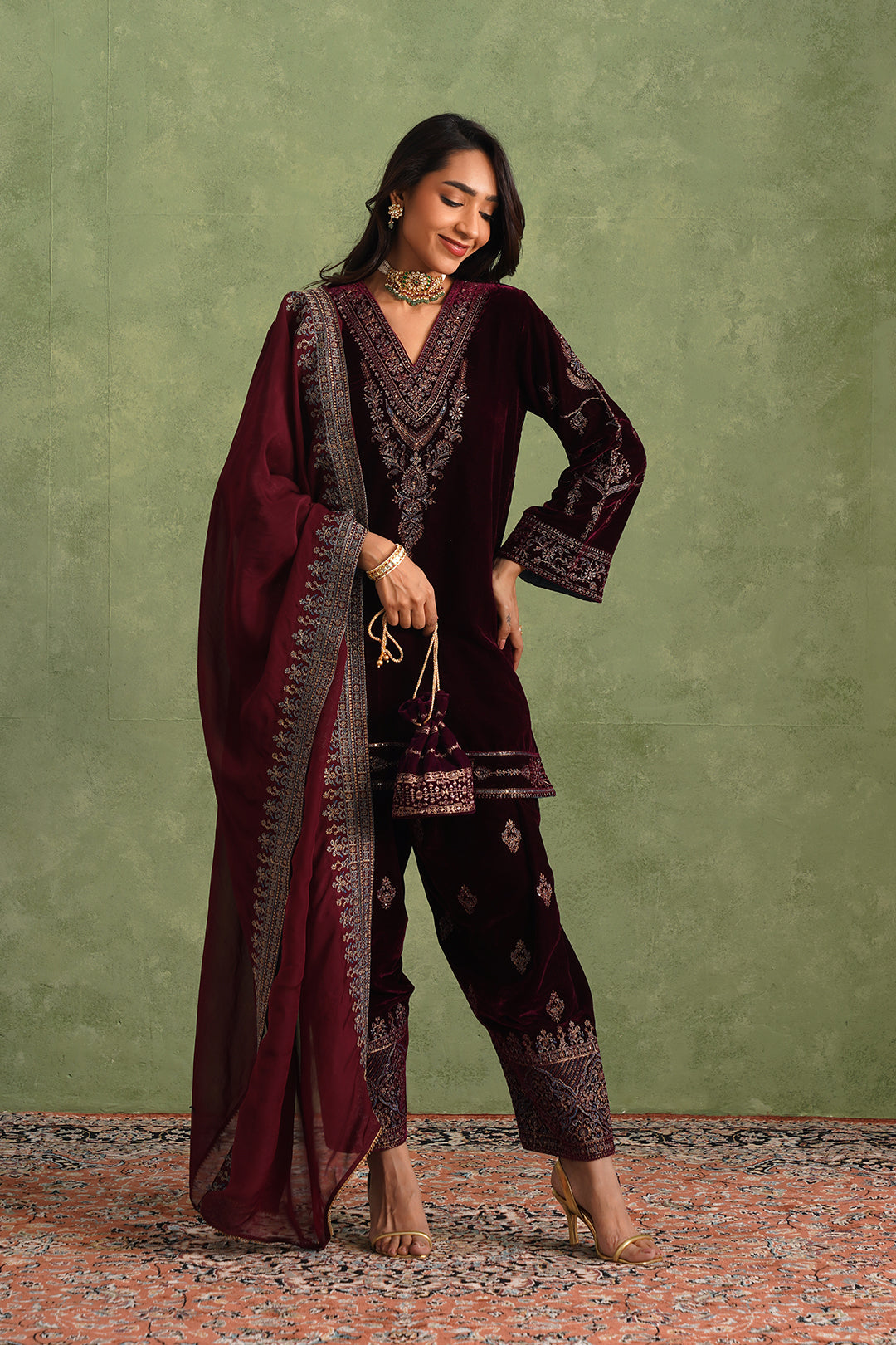 Aafreen Wine Velvet Suit