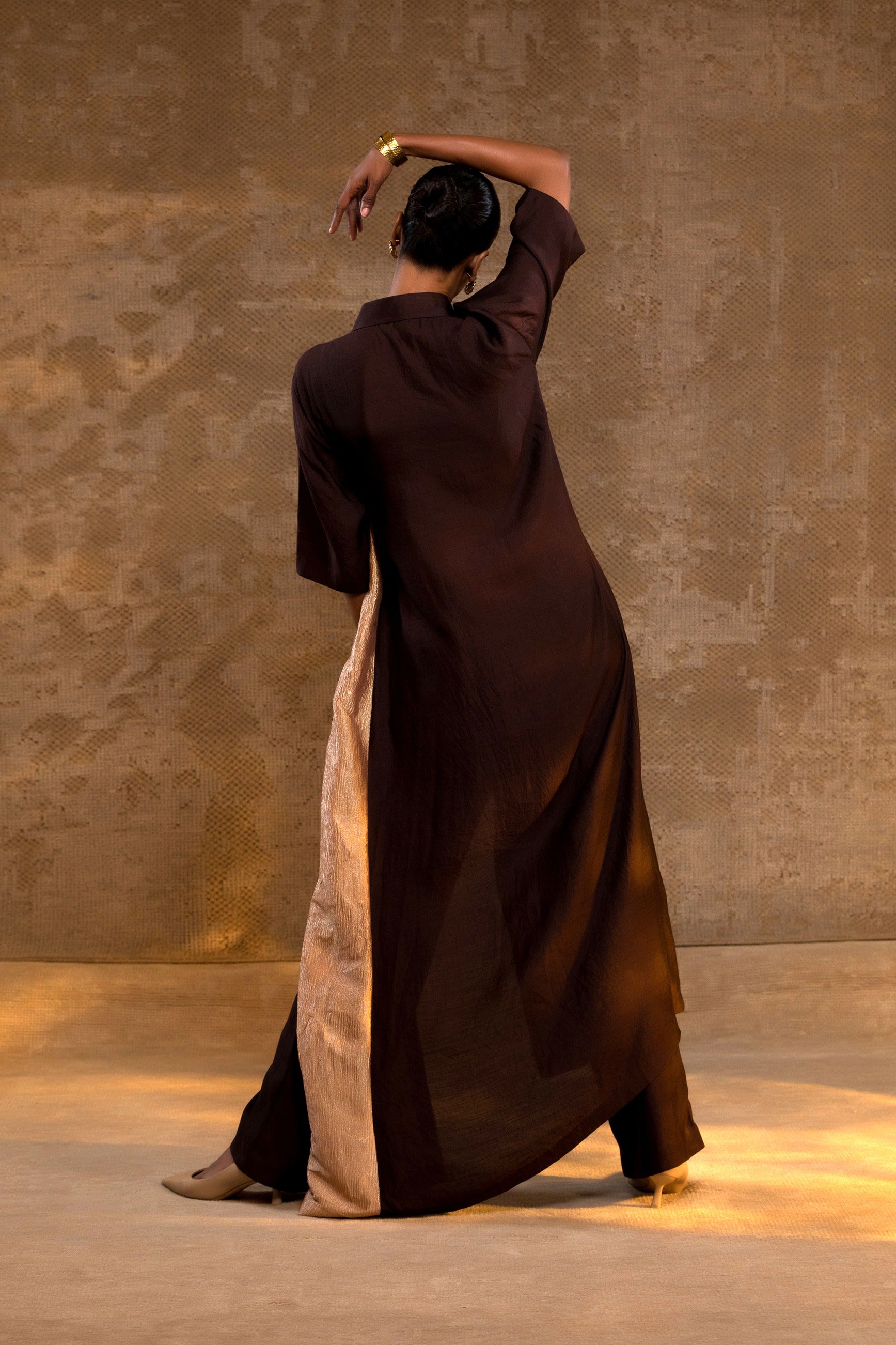 Agneya Silk Drape Shirt Set - Brown