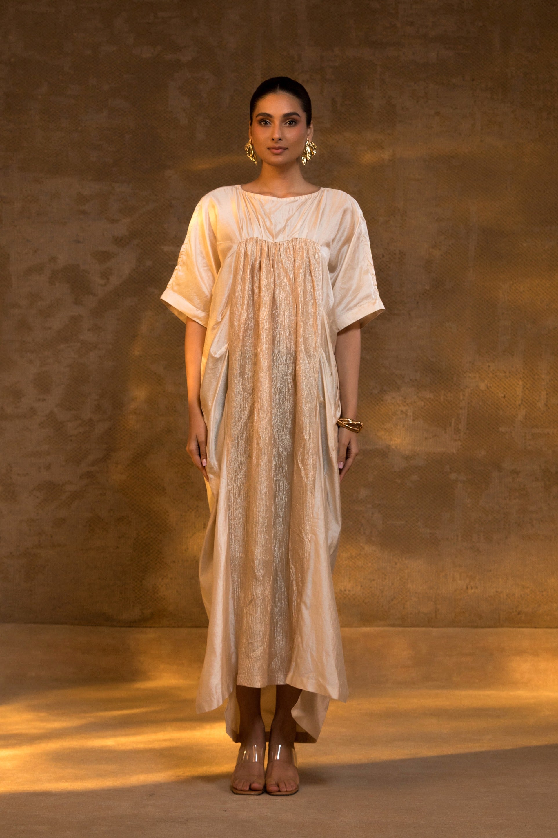 Agneya Silk & Crushed Tissue Kaftan Dress - Ivory