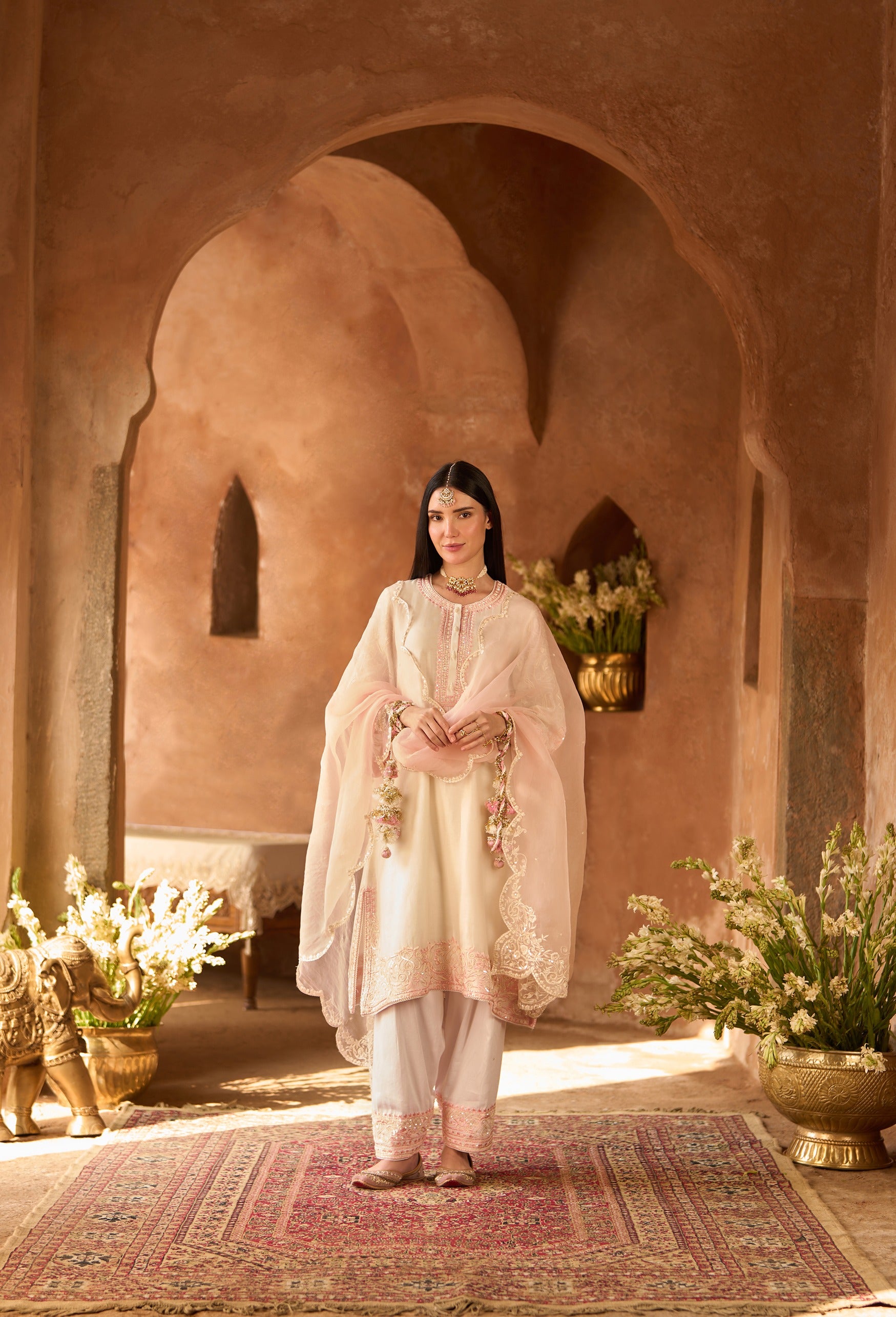 ANAM - DAISY IVORY WITH PINK A-LINE KURTA WITH SALWAR AND DUPATTA