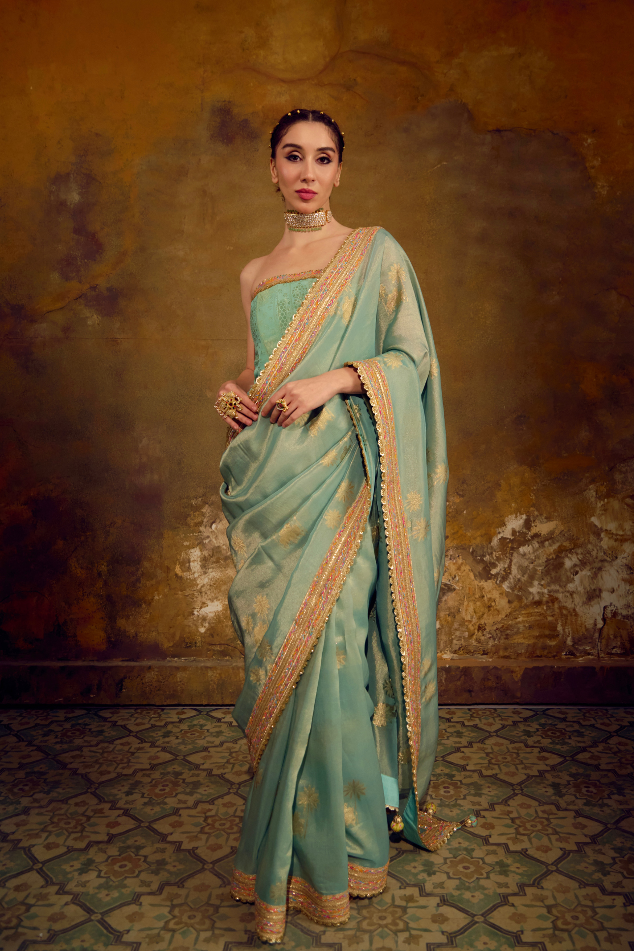 Naad Nandi - Aqua Blue Pichhwai Saree with Aqua Blue Corset