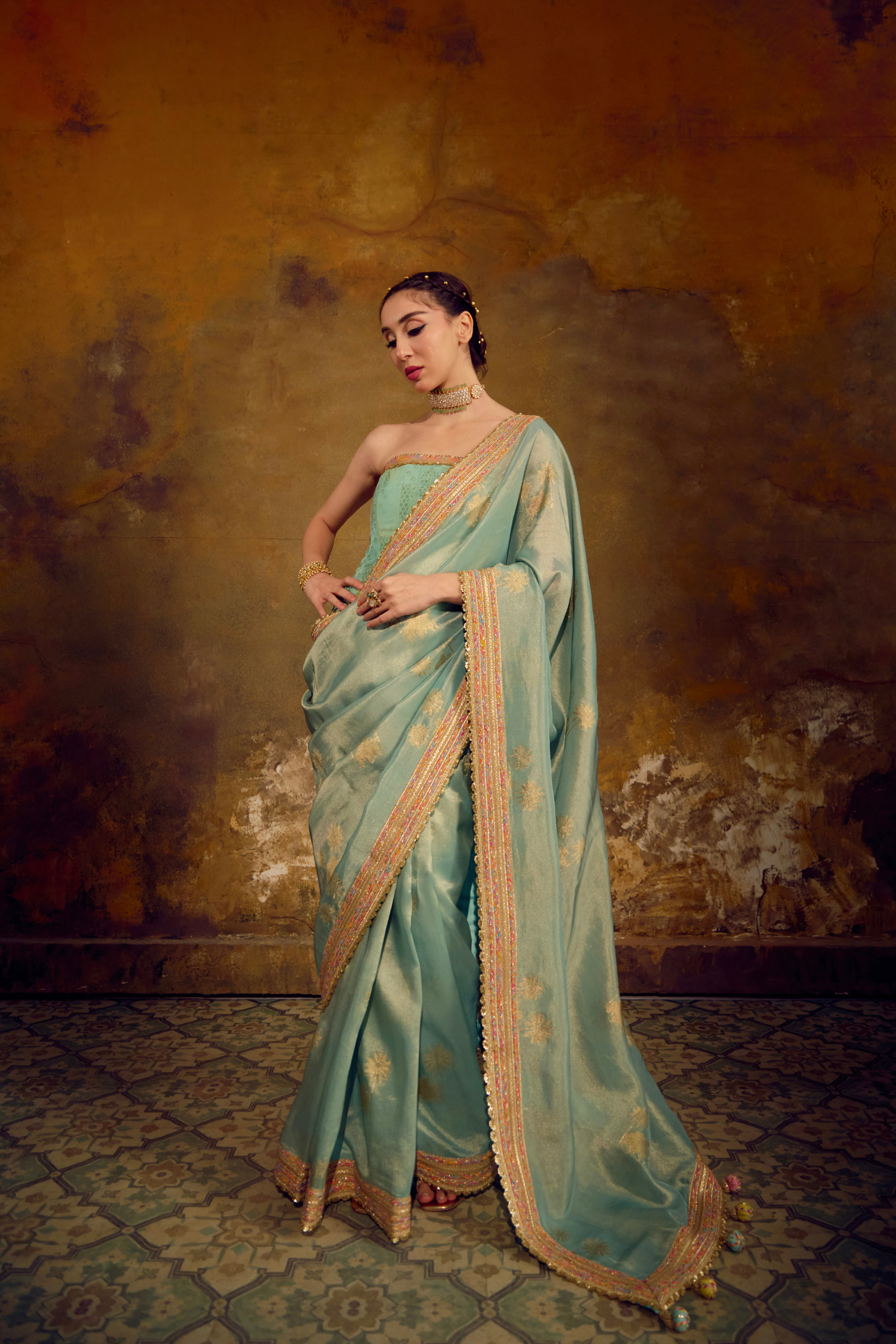 Naad Nandi - Aqua Blue Pichhwai Saree with Aqua Blue Corset