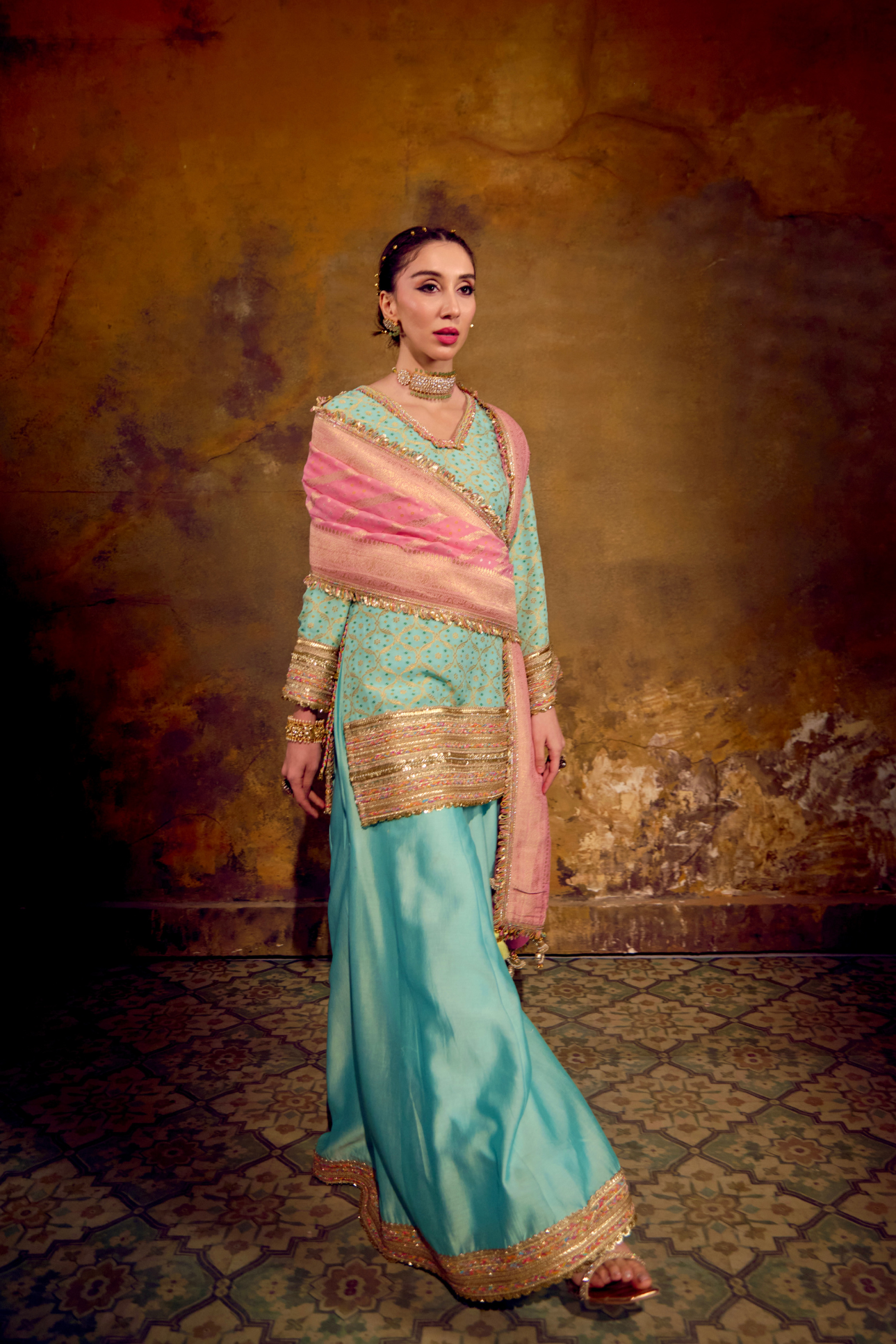 Naad Chanda - Aqua Blue Banarasi Bandhani Palazzo Set with Blush Pink Dupatta