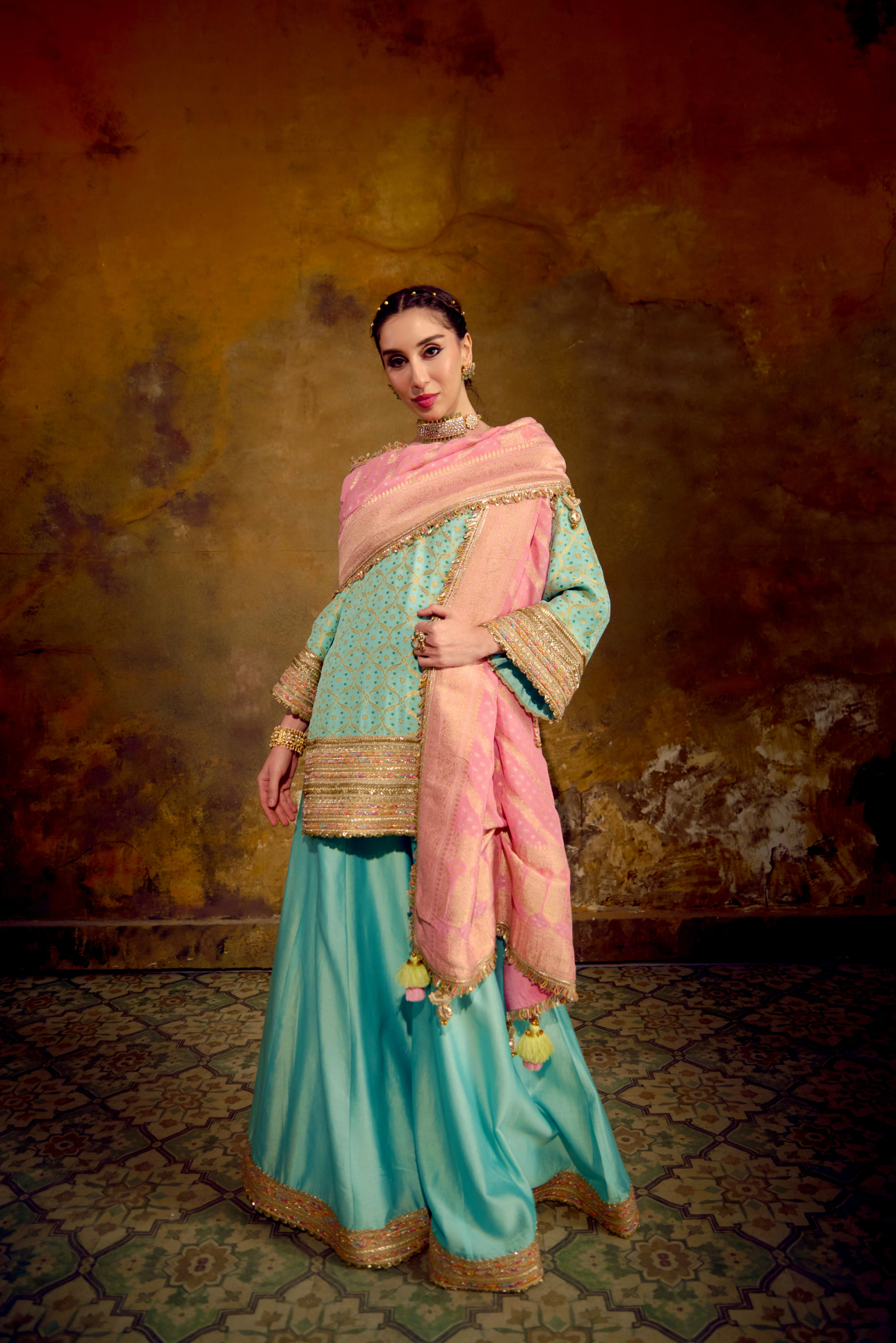 Naad Chanda - Aqua Blue Banarasi Bandhani Palazzo Set with Blush Pink Dupatta
