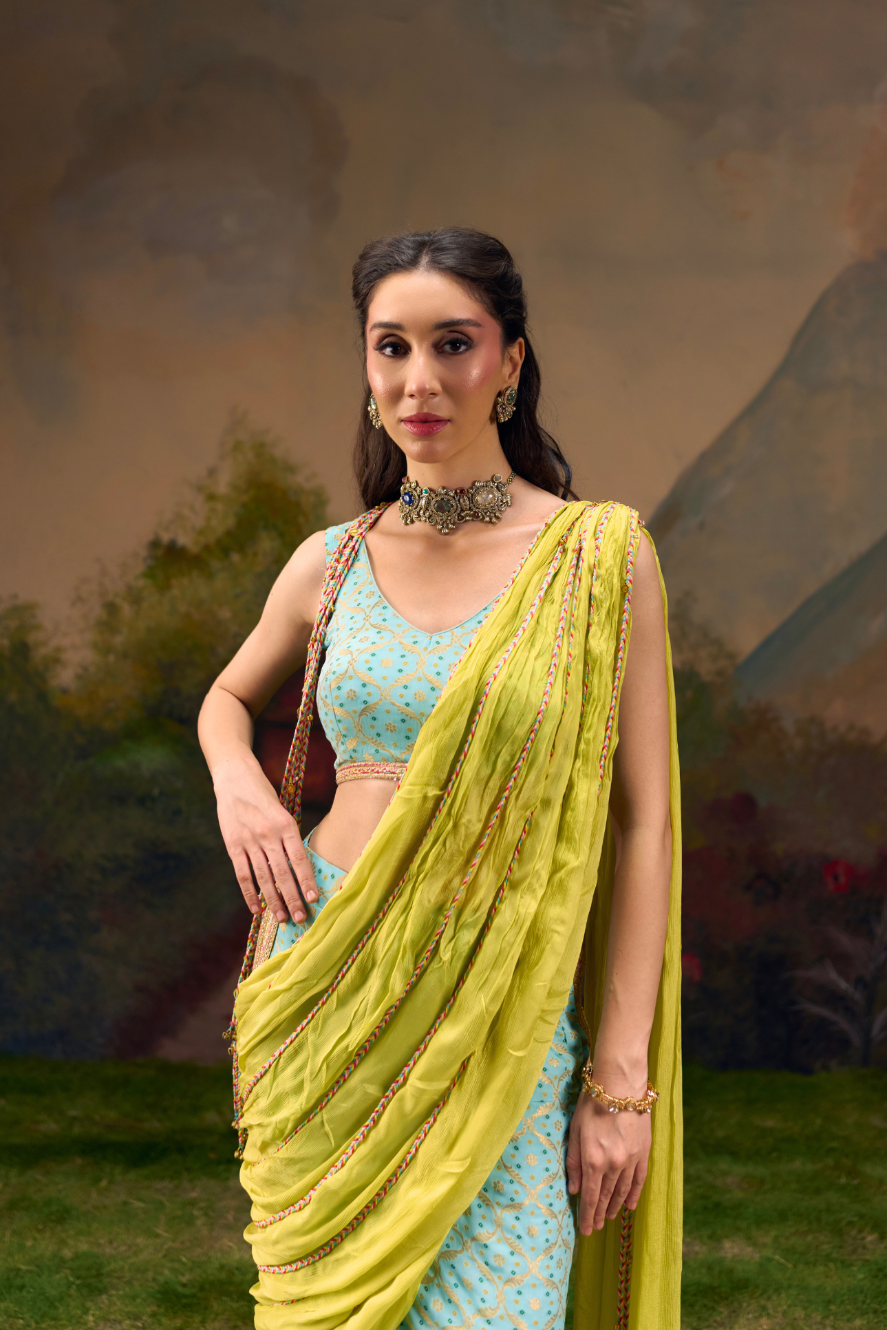 Naad Tarang- Aqua Blue Skirt Set with Fixed Lime Green Drape and Crop Top