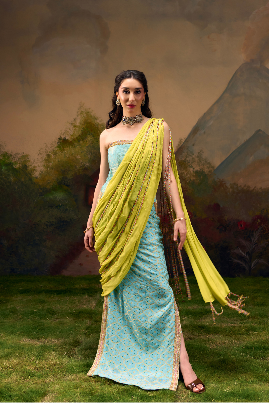 Naad Saawan - Aqua Blue Straight Skirt with Lime Green Fixed Drape and Corset