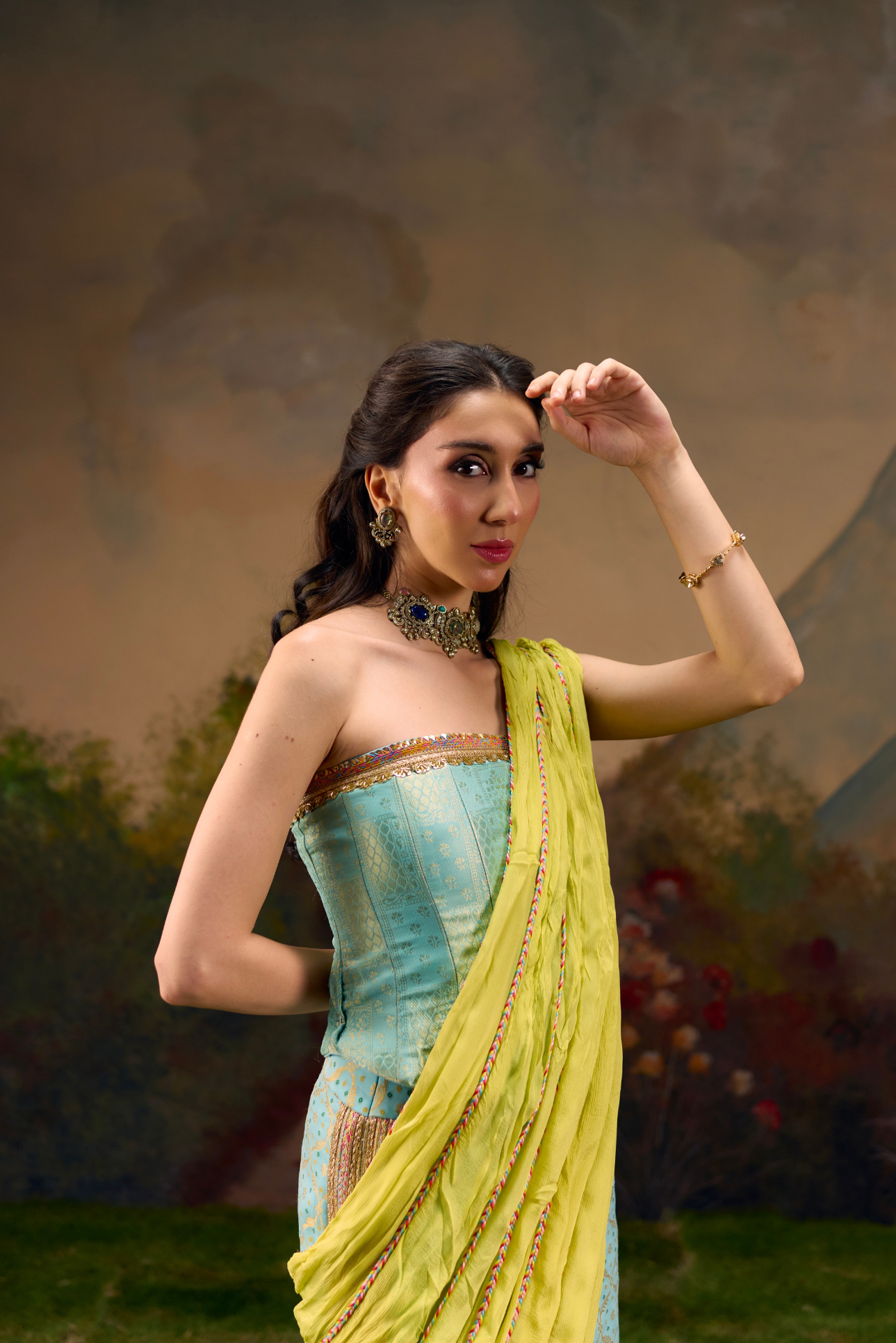 Naad Saawan - Aqua Blue Straight Skirt with Lime Green Fixed Drape and Corset