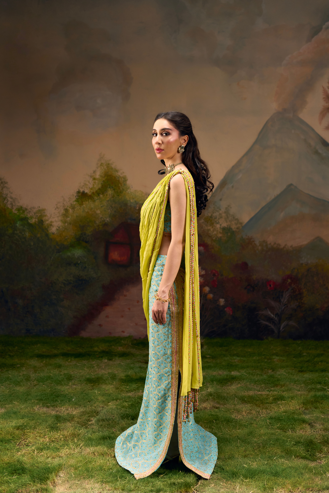 Naad Tarang- Aqua Blue Skirt Set with Fixed Lime Green Drape and Crop Top