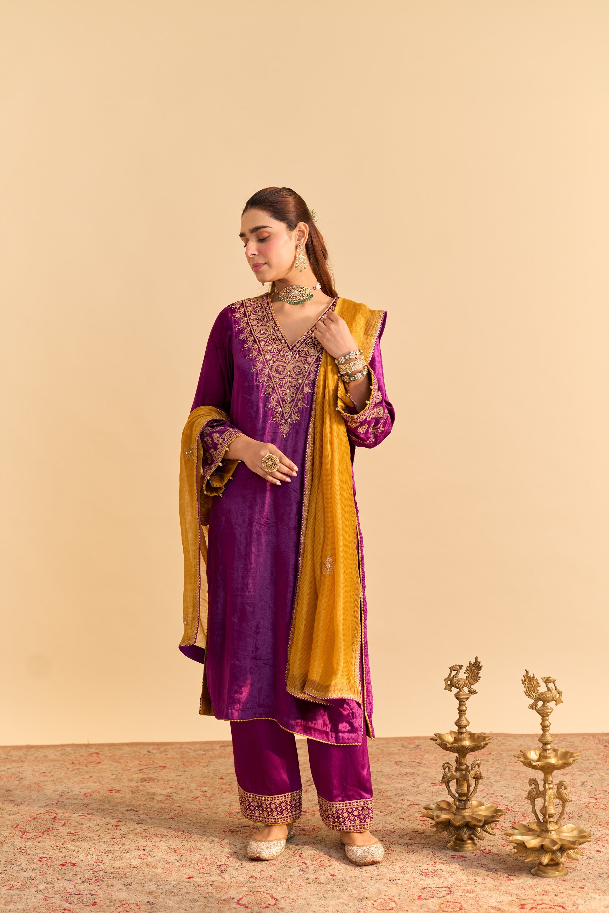 Aynaz - Deep Purple Kurta with Salwar and Dupatta