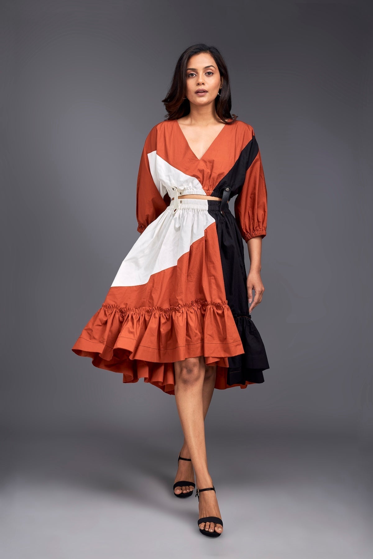 Colour Block Flared Bottom Skirt With Top Co-ord