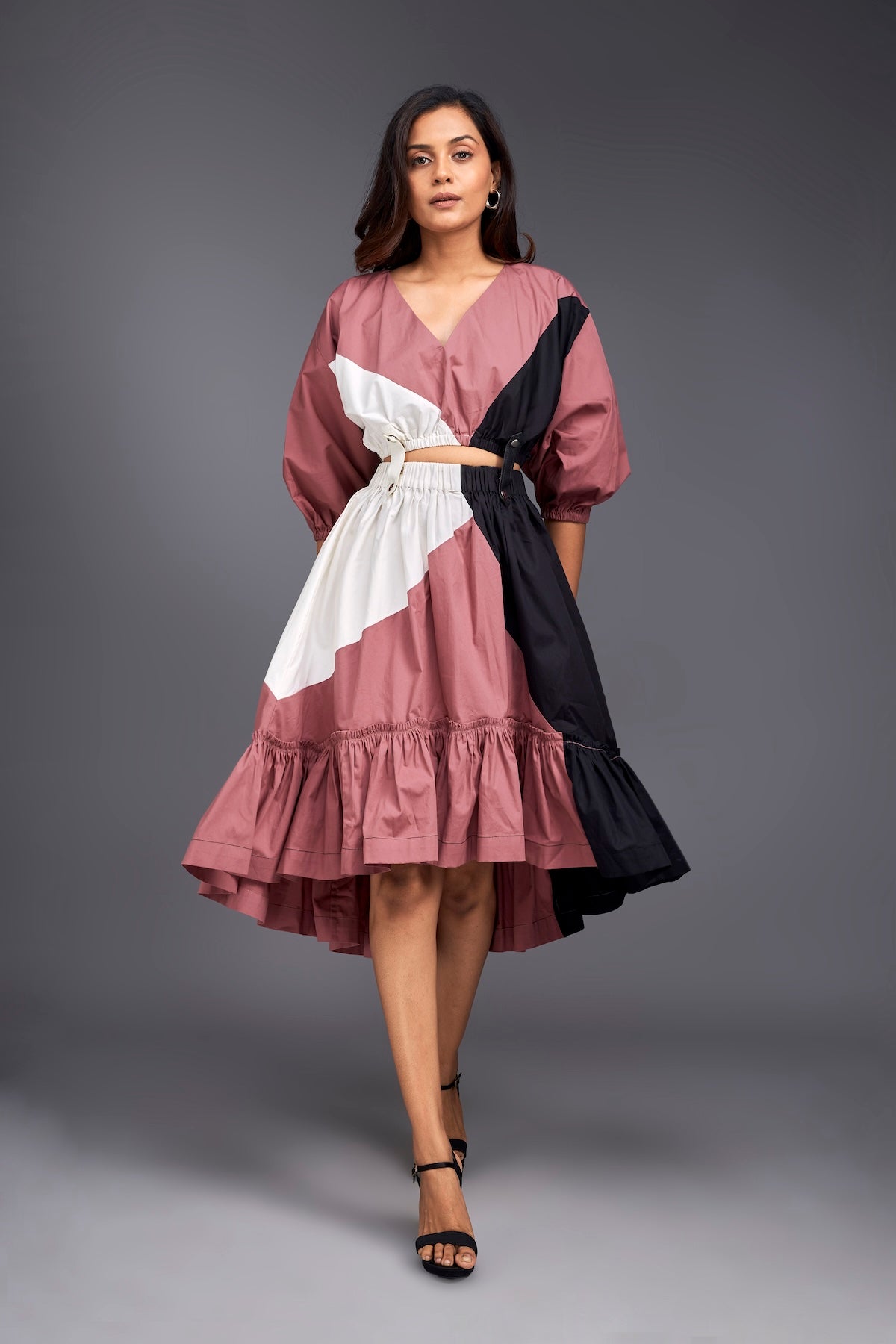 Colour Block Flared Bottom Skirt With Top Co-ord