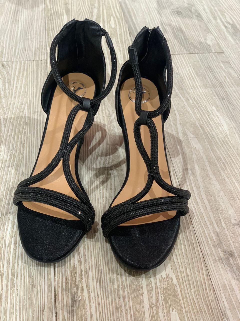 Women's Open Toe Black Elle Crisscross String Heel Sandals