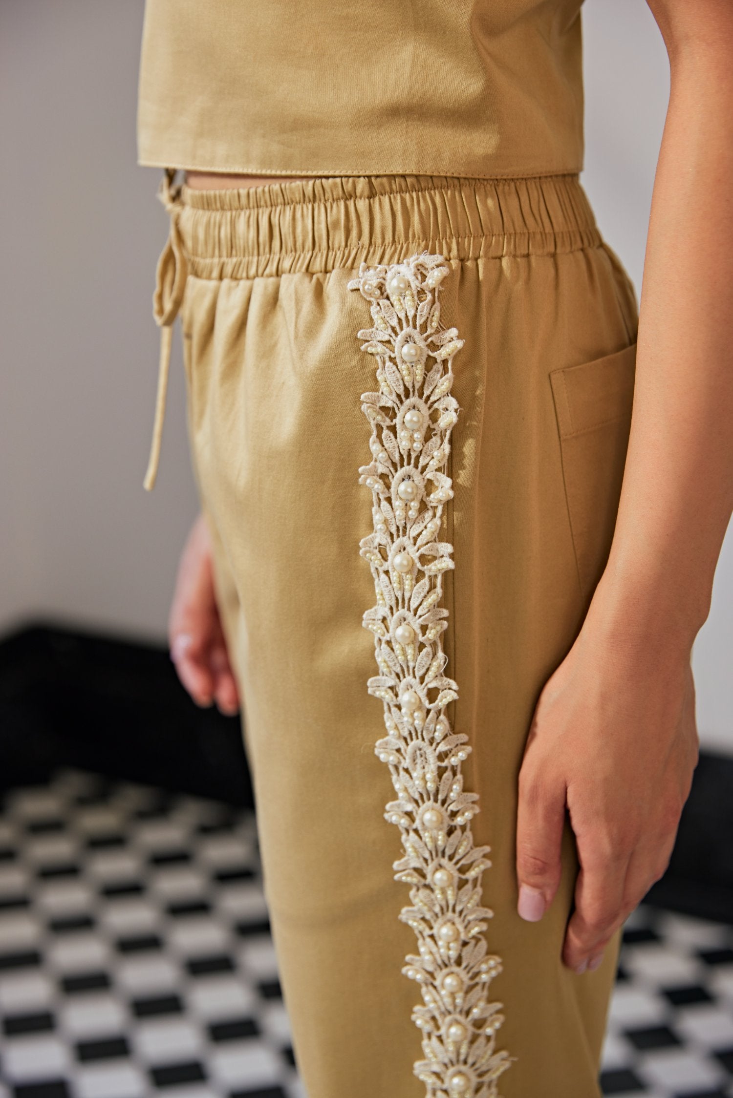 Lace Embriodered Beige Top & Pant Set