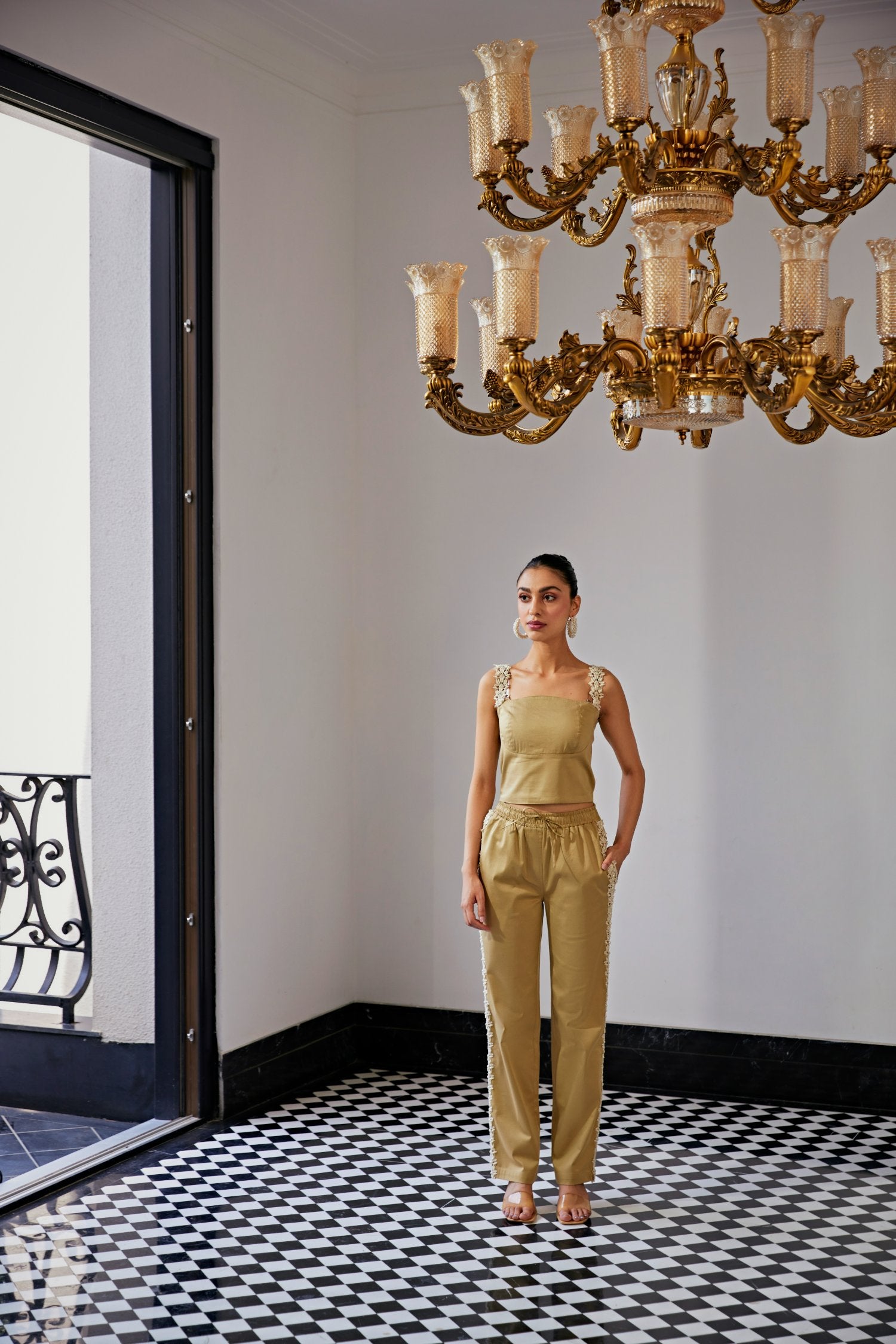 Lace Embriodered Beige Top & Pant Set