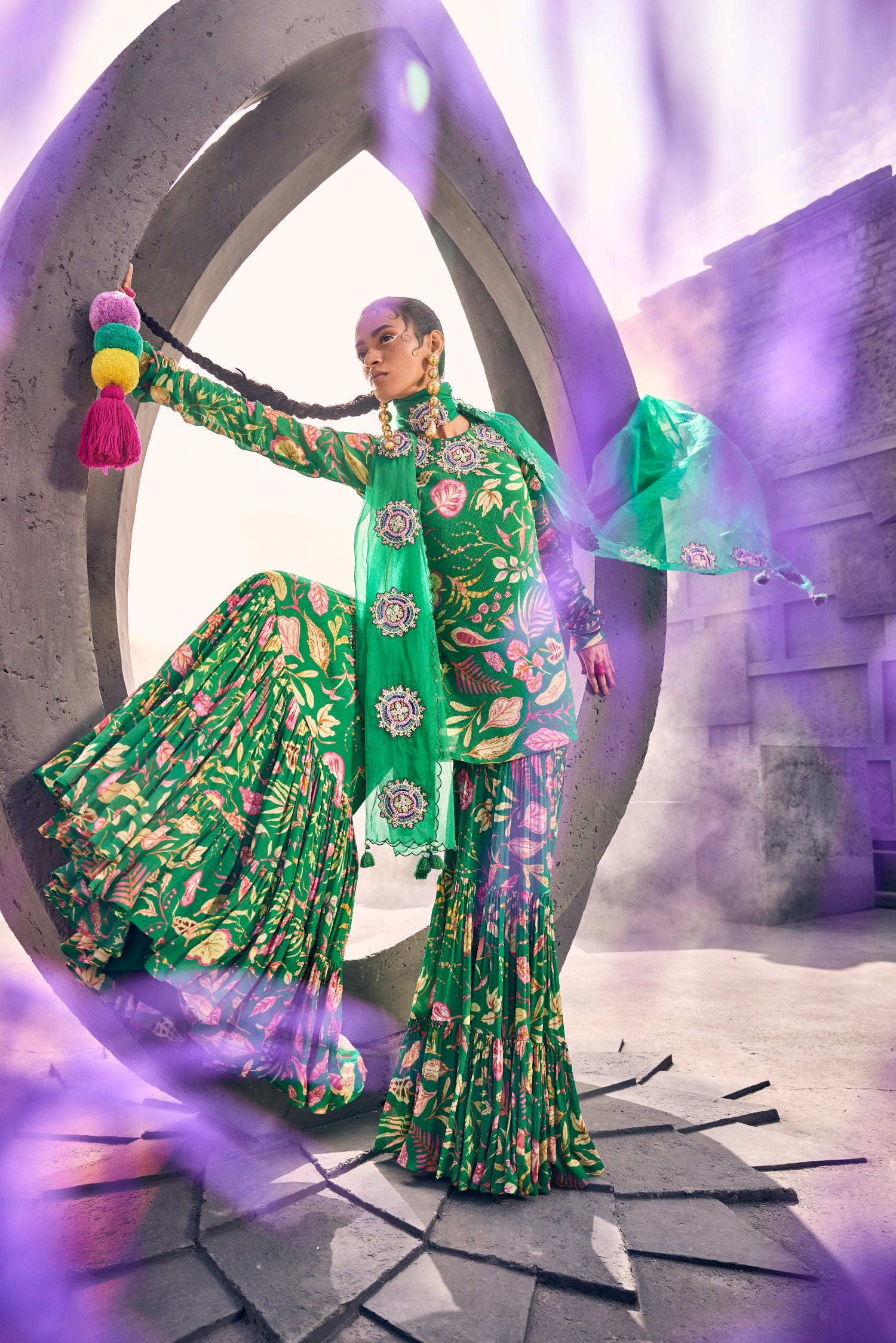 Pine color Kurti & Gharara Set with Patch Work Organza Dupatta