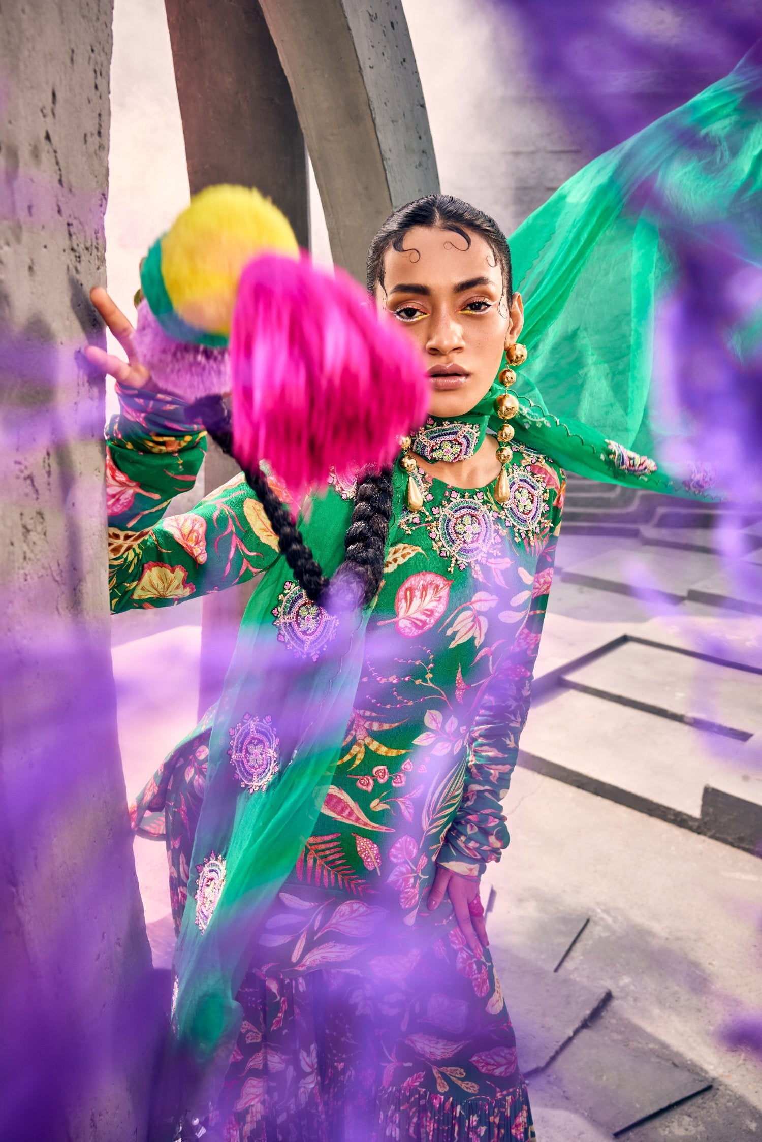 Pine color Kurti & Gharara Set with Patch Work Organza Dupatta