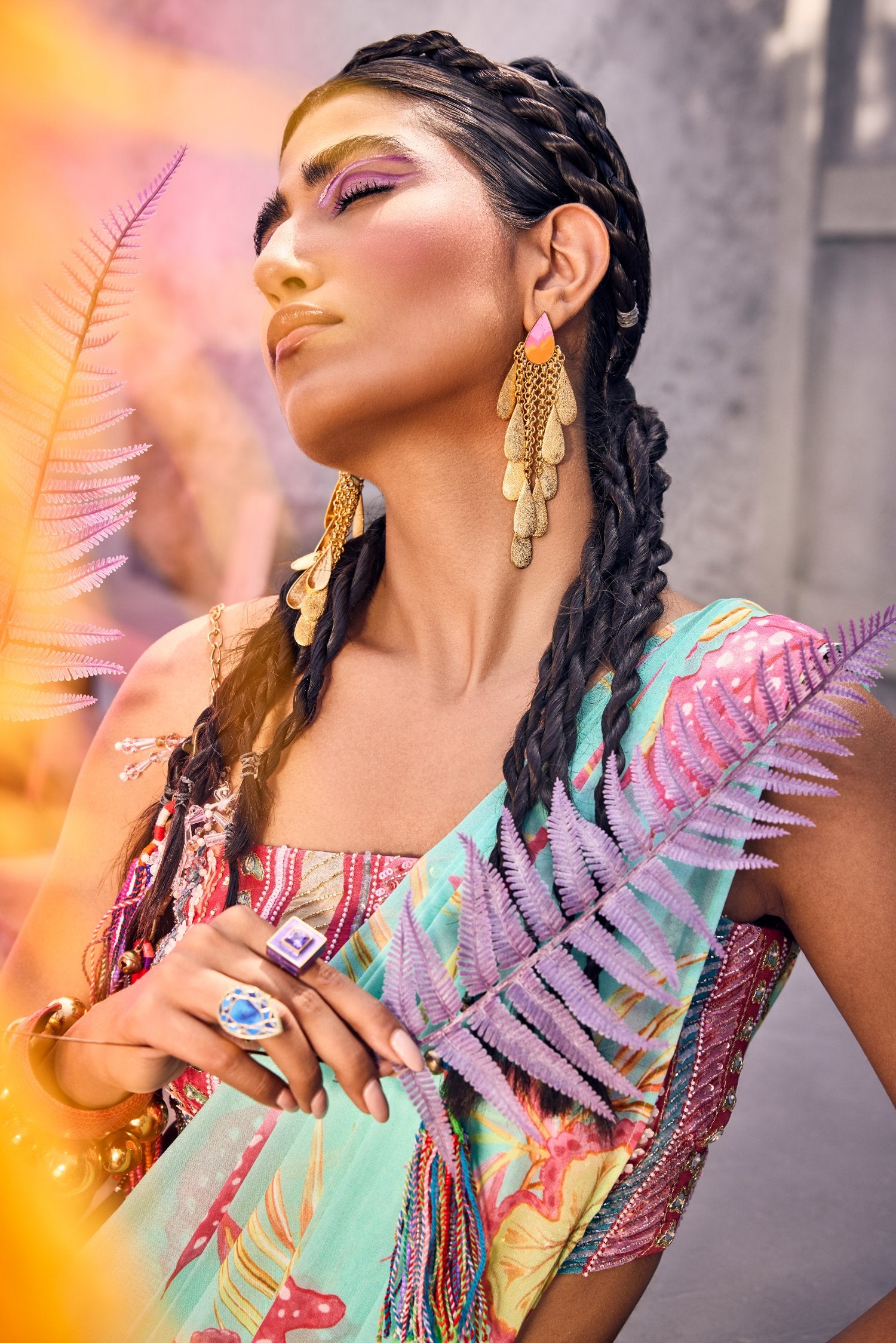 Light Blue Ruffle Georgette Saree in Floral Print