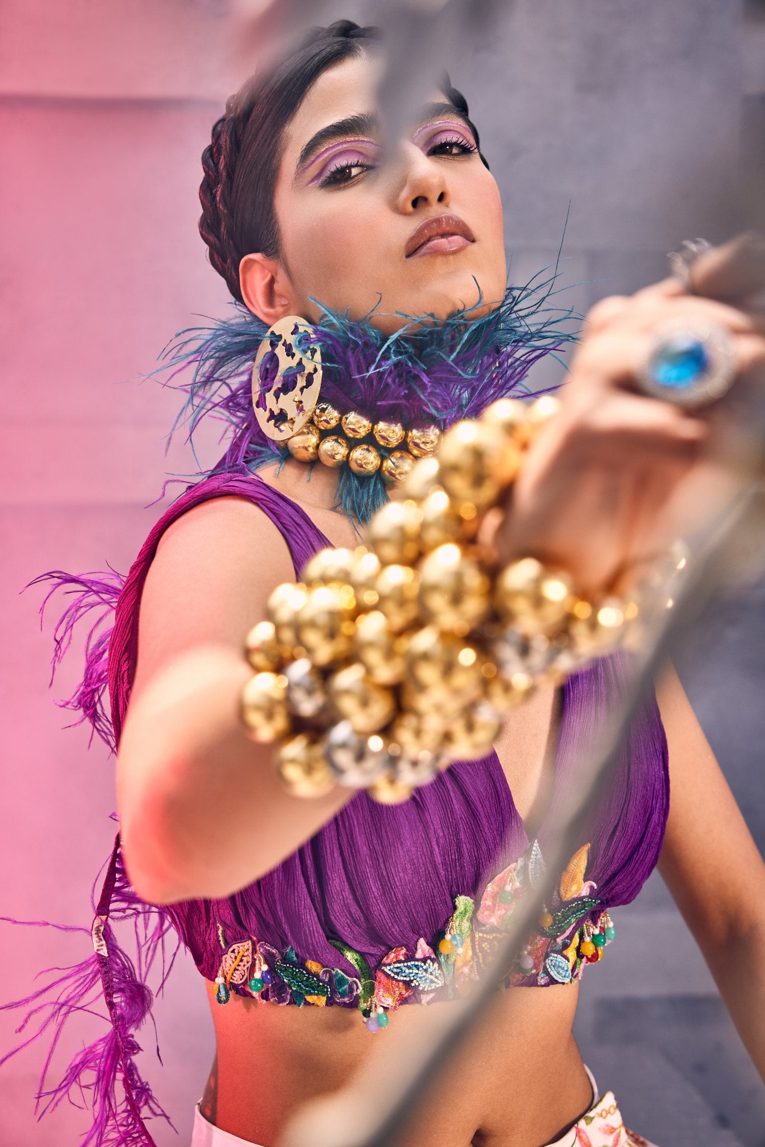 Multi-colored Floral Skirt with Embellished Top & Dupatta