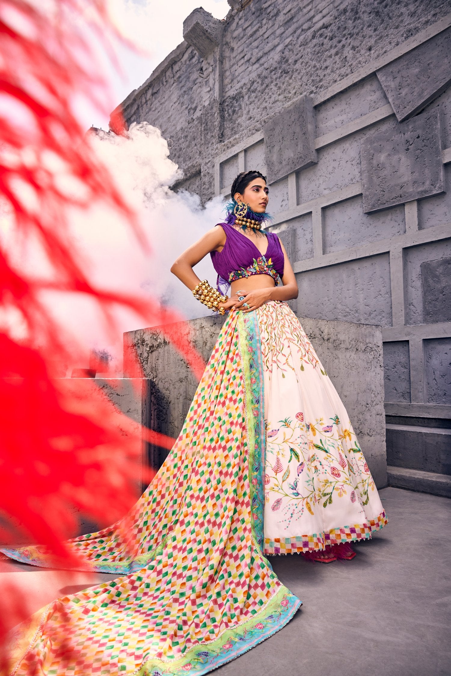 Multi-colored Floral Skirt with Embellished Top & Dupatta