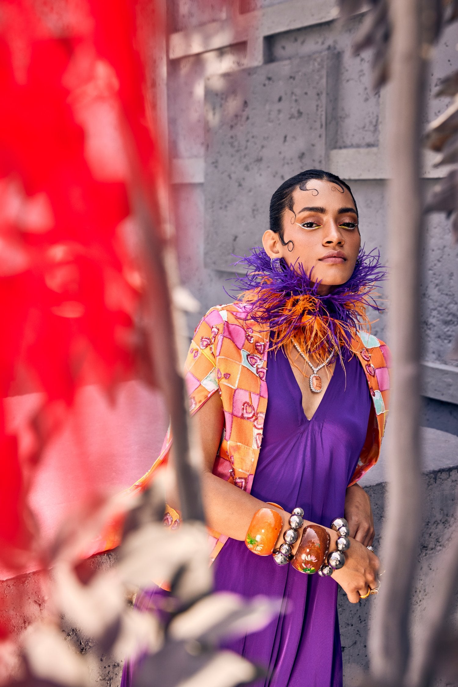 Plain Chic Gown with Digital Print Cape-style Jacket