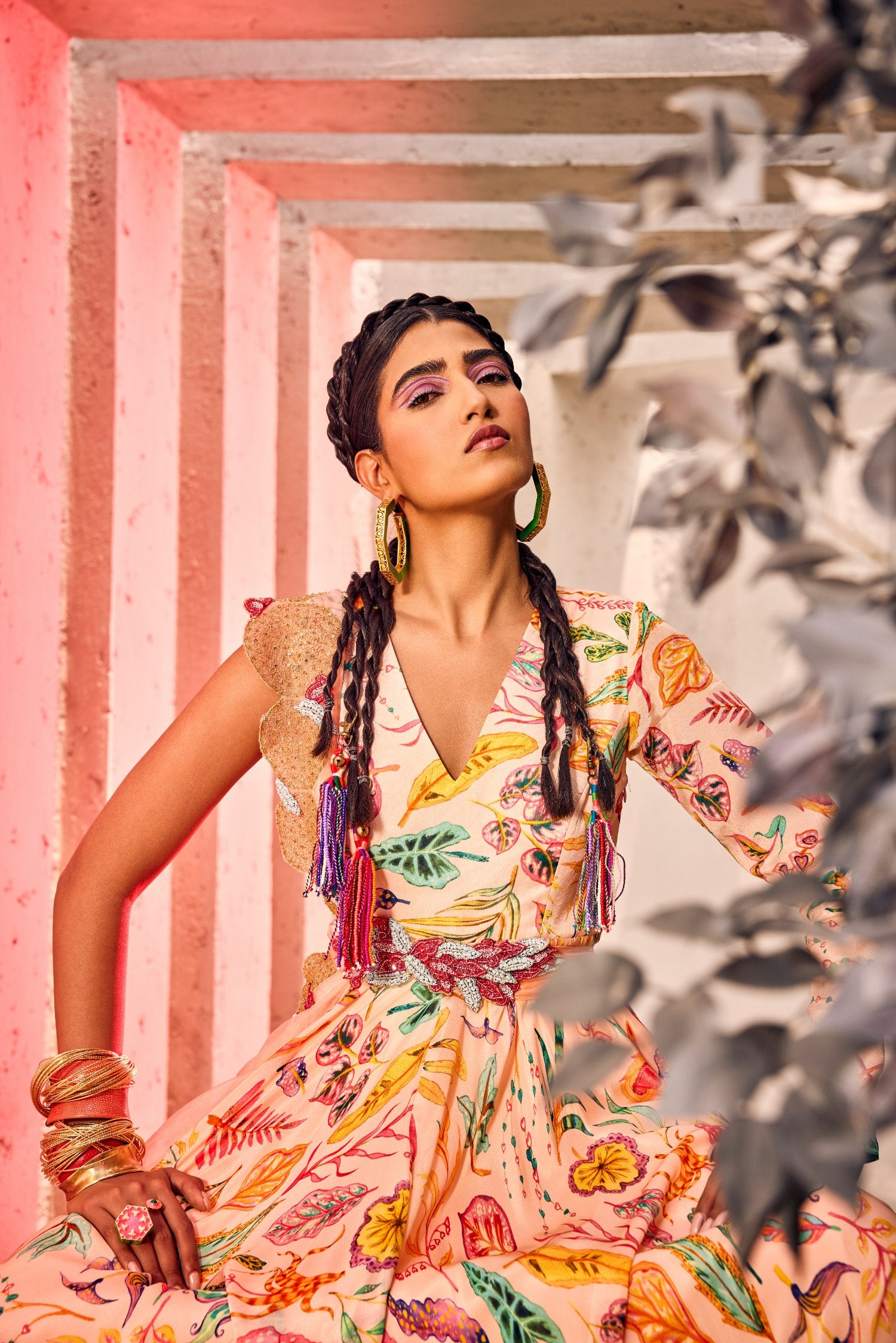 Printed Chic Gown with Heavy Belt & Dupatta