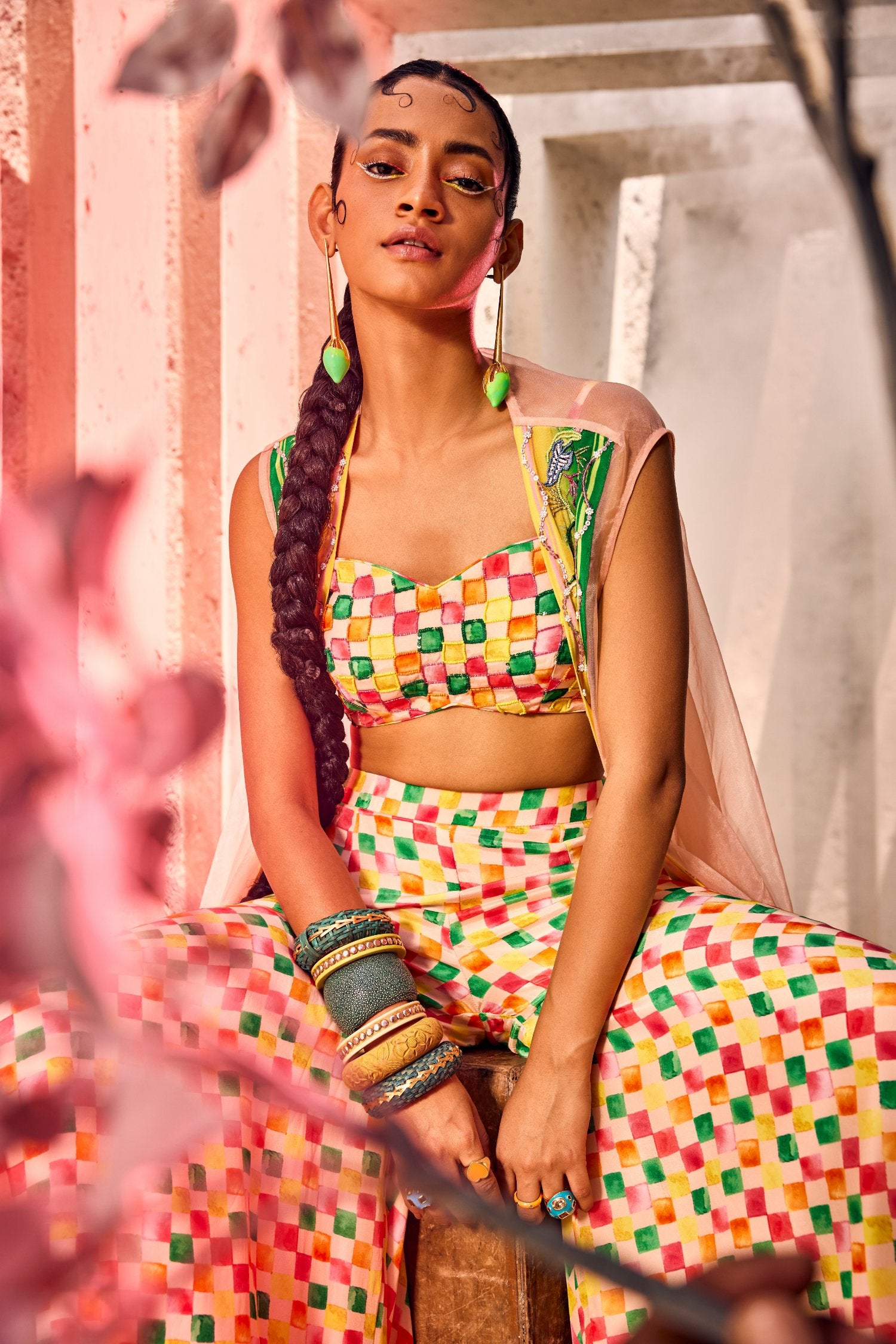 Multi-colored Bustier with Light work Shrug & Sharara Pants in Squared Print fabric