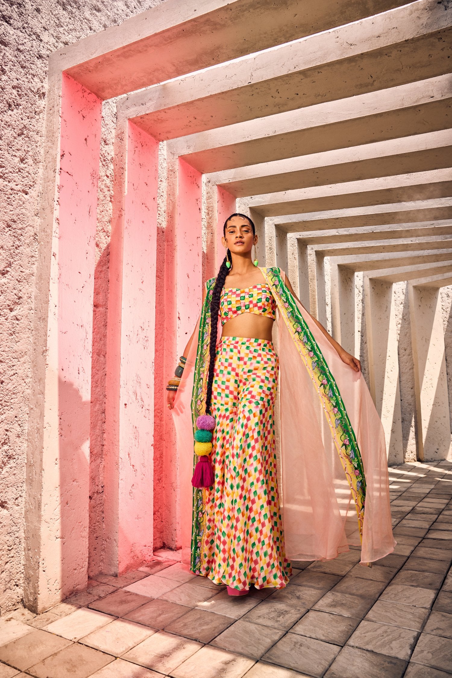 Multi-colored Bustier with Light work Shrug & Sharara Pants in Squared Print fabric