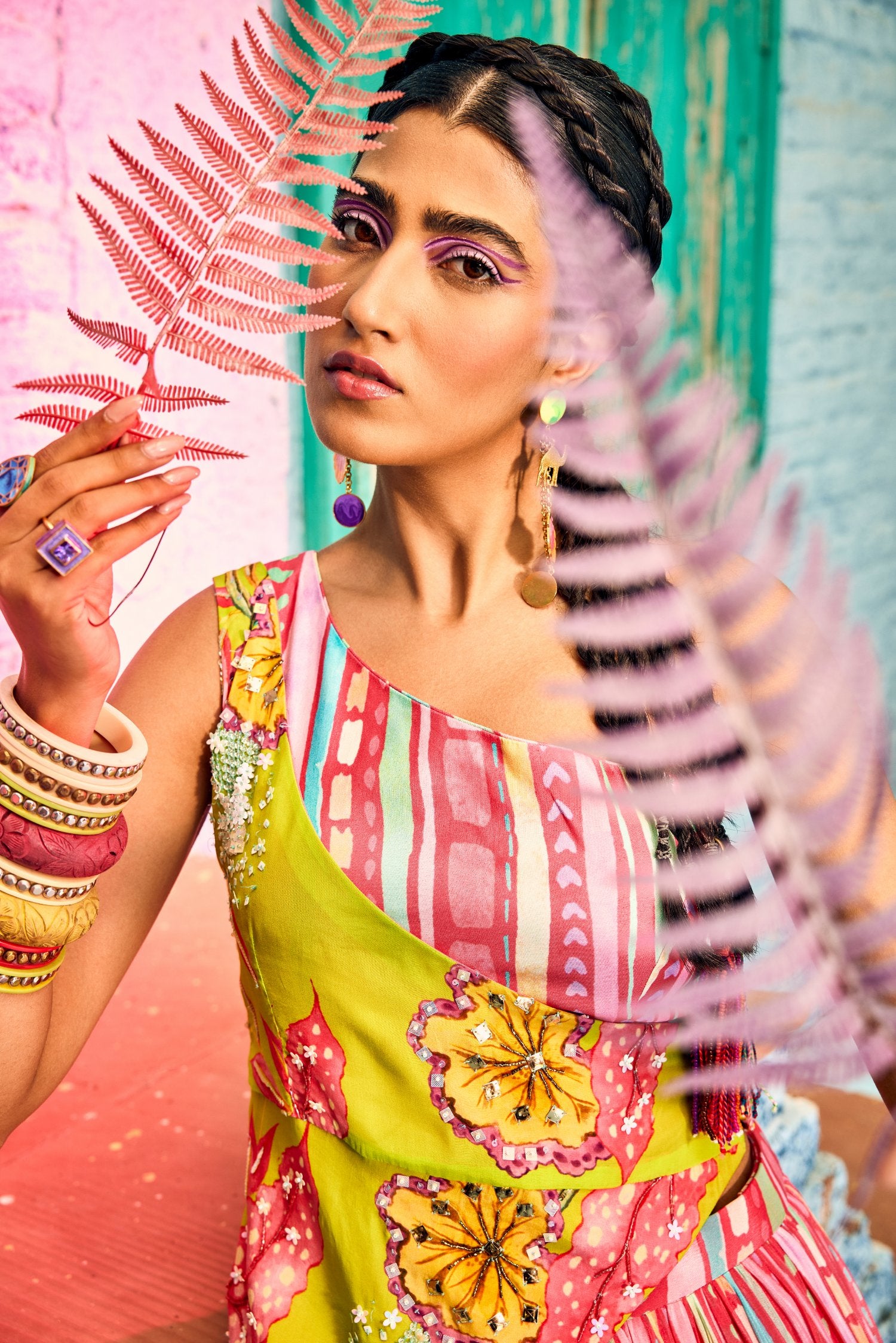 Beautiful candy color digital printed layered skirt with bustier and neon green one sided embroidered cape.