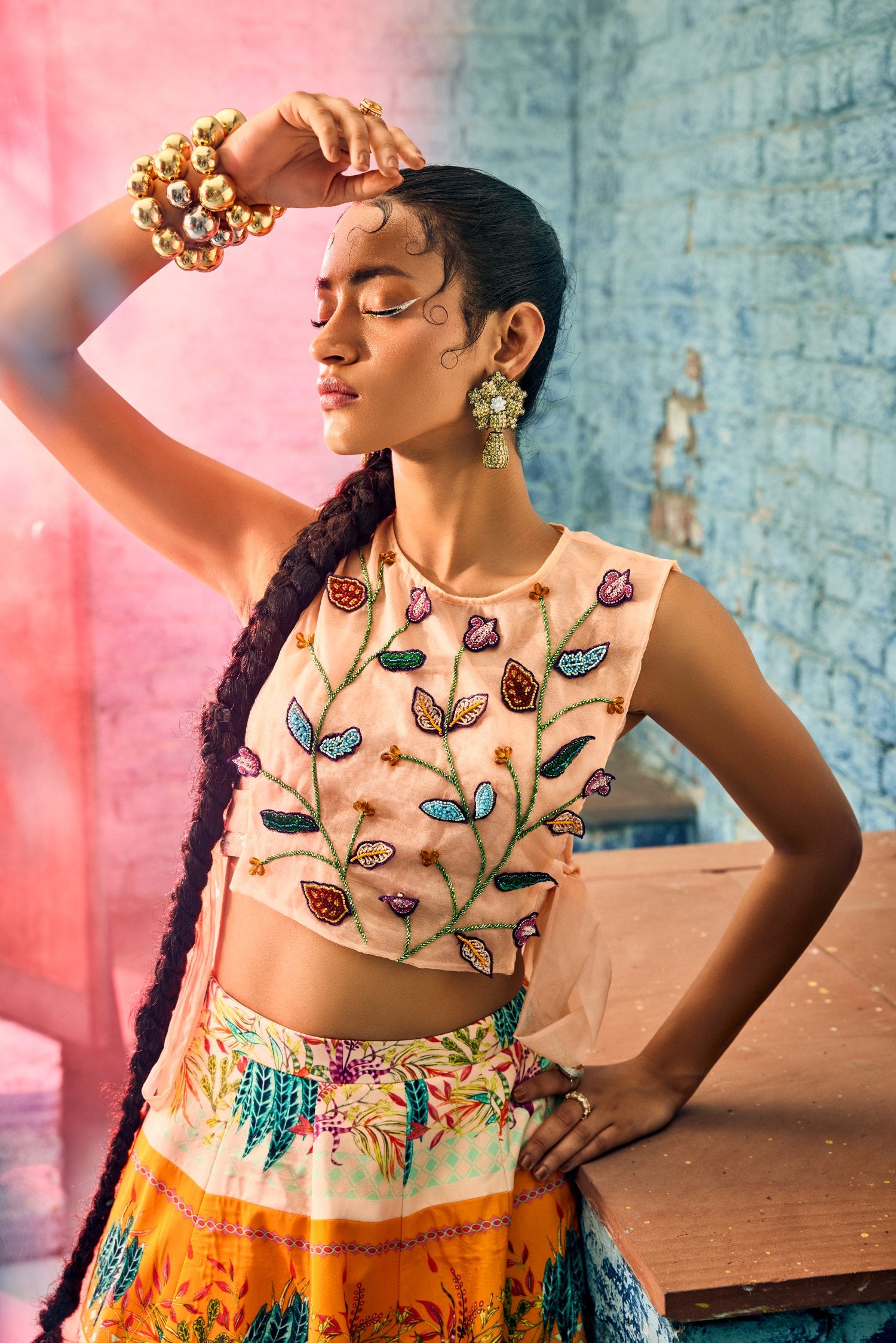 Multi-color Skirt with Elegant Sequine Work Top