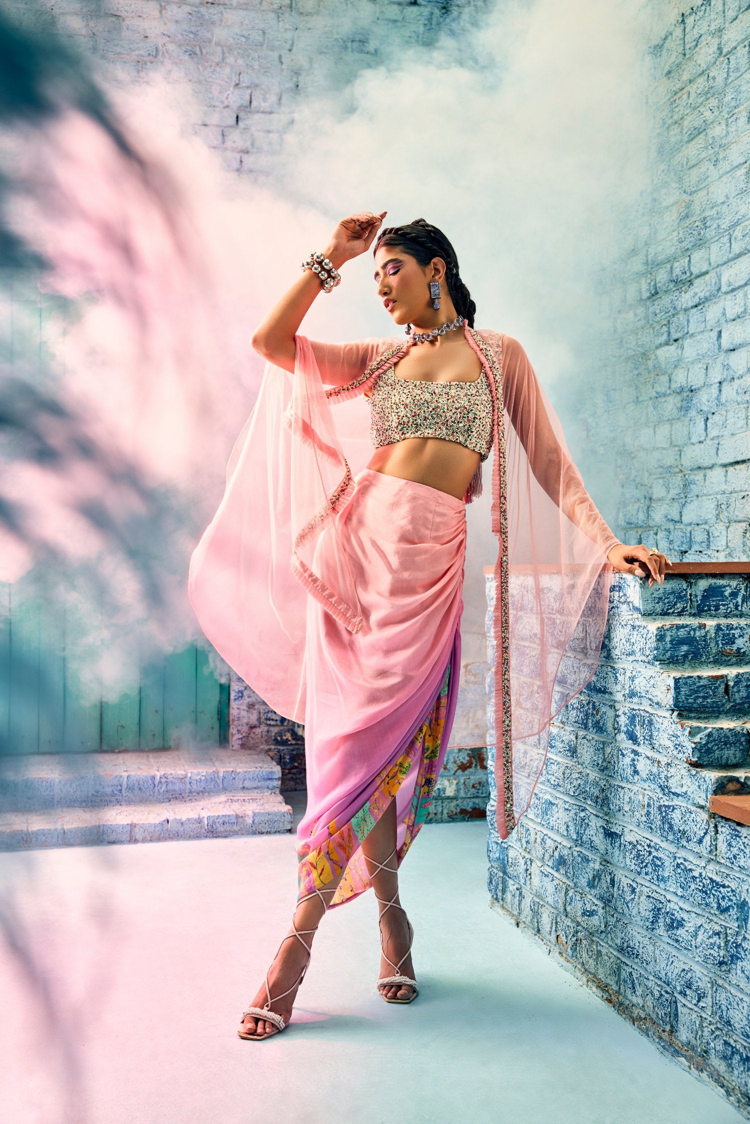 Ombre Print Drape Skirt with multi-colored Bustier and Cape