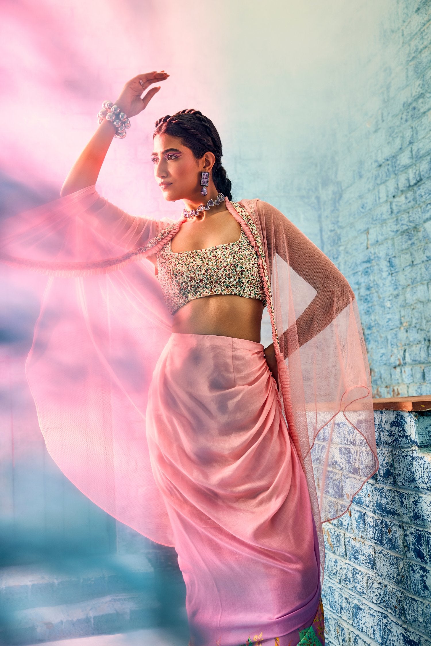 Ombre Print Drape Skirt with multi-colored Bustier and Cape