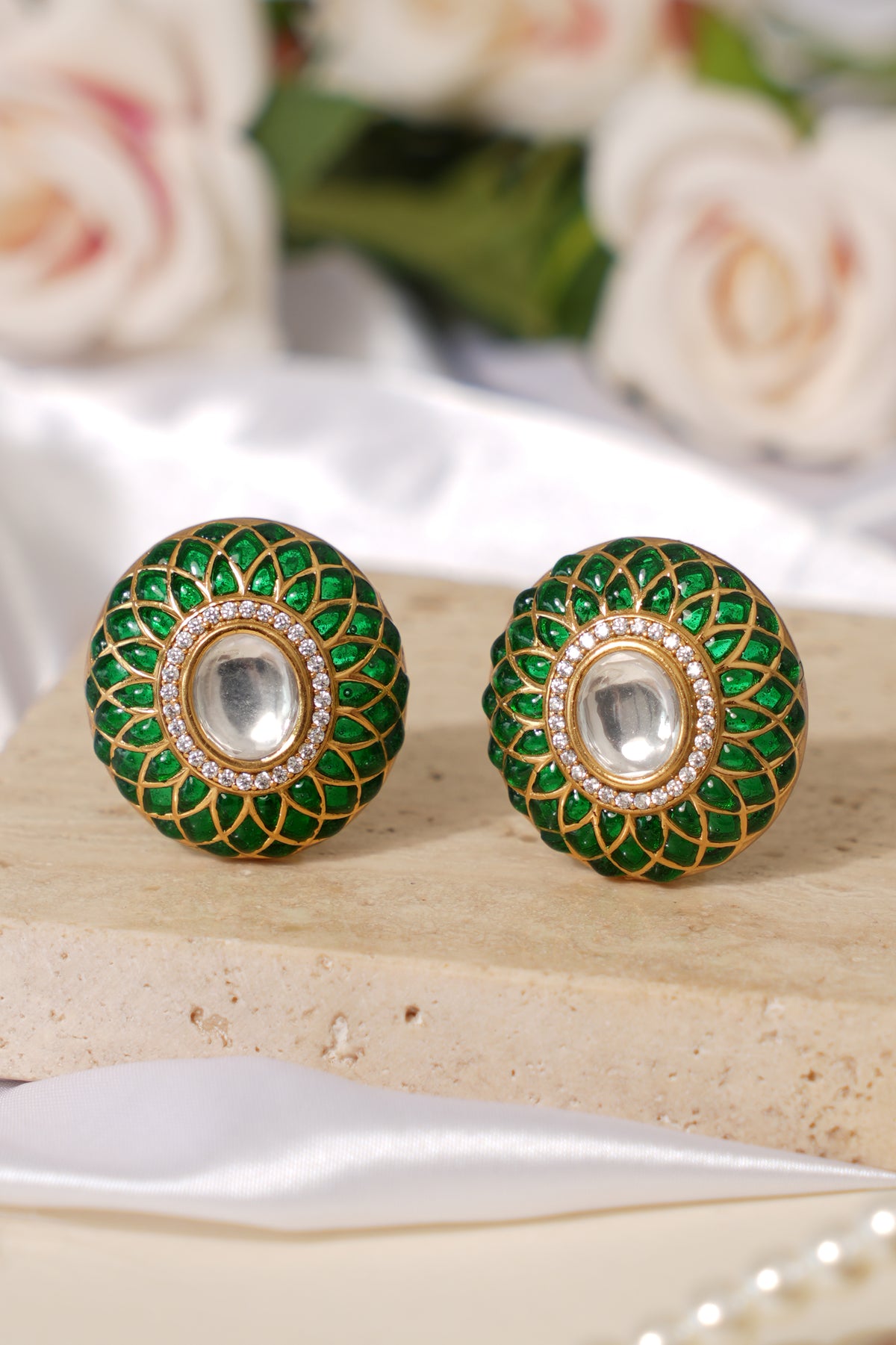 Emerald Kundan Meena Stud Earrings