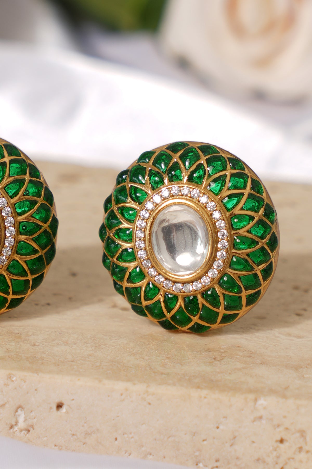Emerald Kundan Meena Stud Earrings