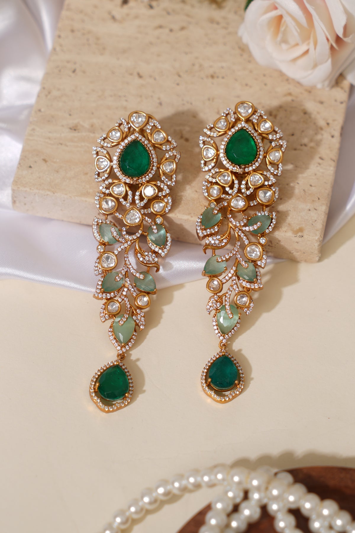 Premium Emerald Doublet Kundan Long Earrings