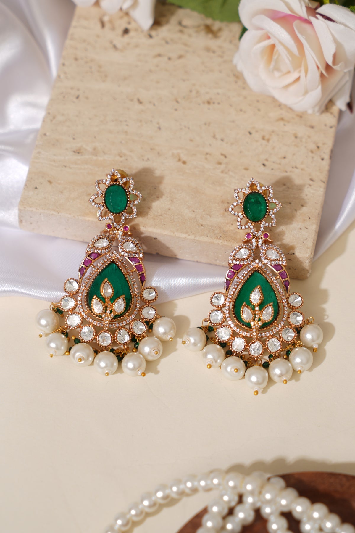 Royal Jadau Doublet Ruby Emerald Long Earrings
