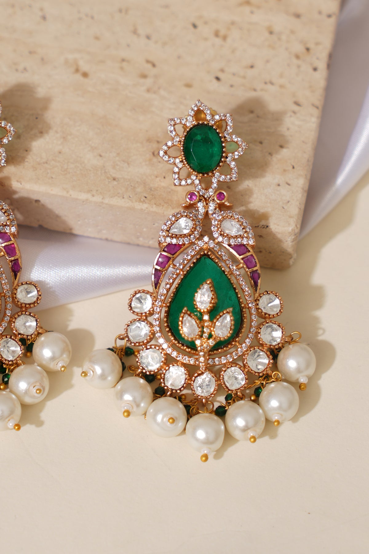 Royal Jadau Doublet Ruby Emerald Long Earrings