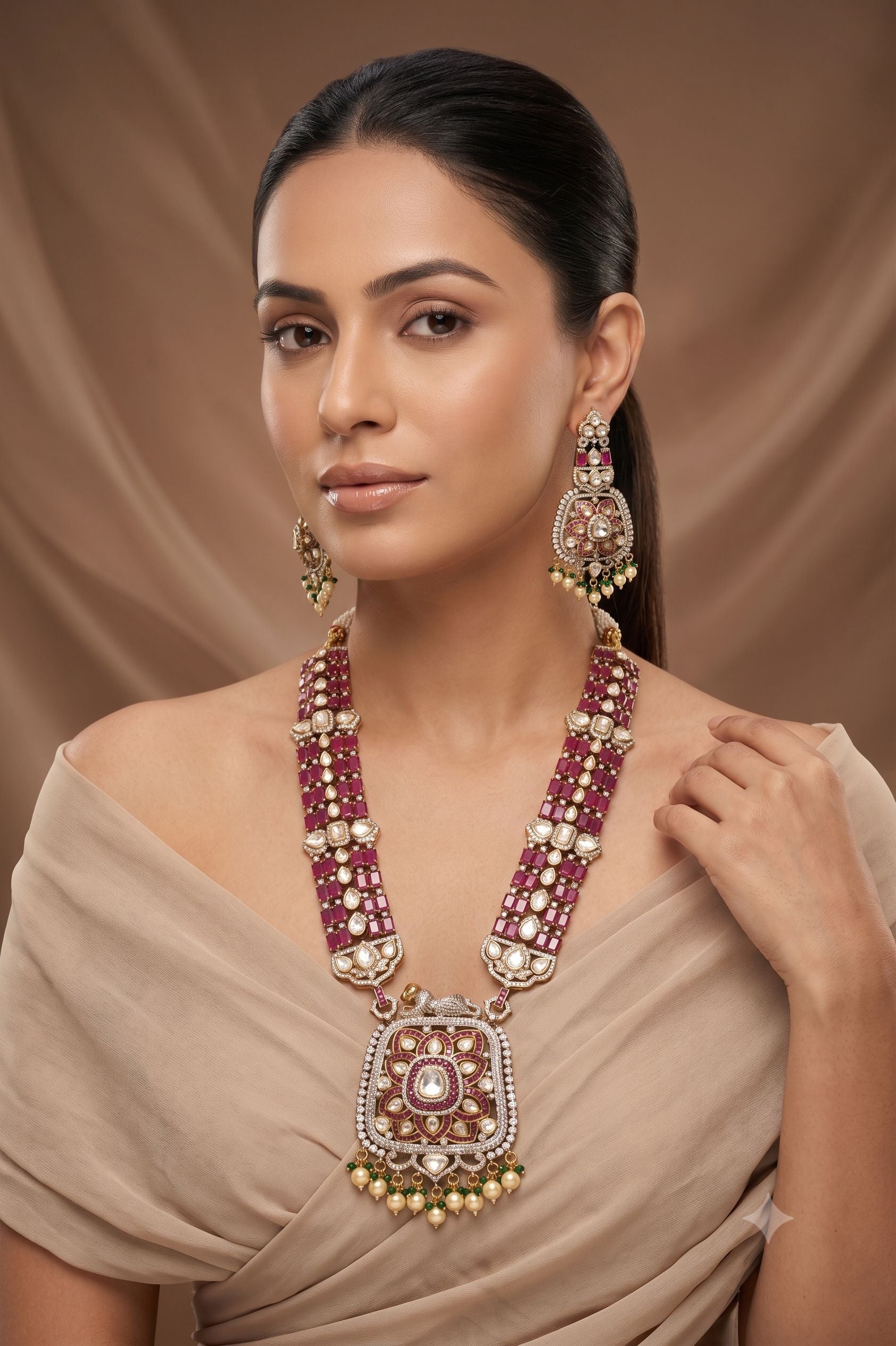 Maharani Style Mossanite Ruby Necklace Set