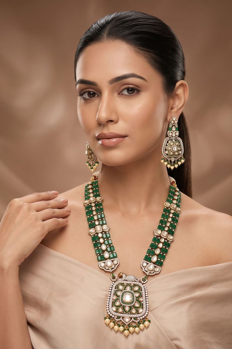 Maharani Style Mossanite Emerald Necklace Set