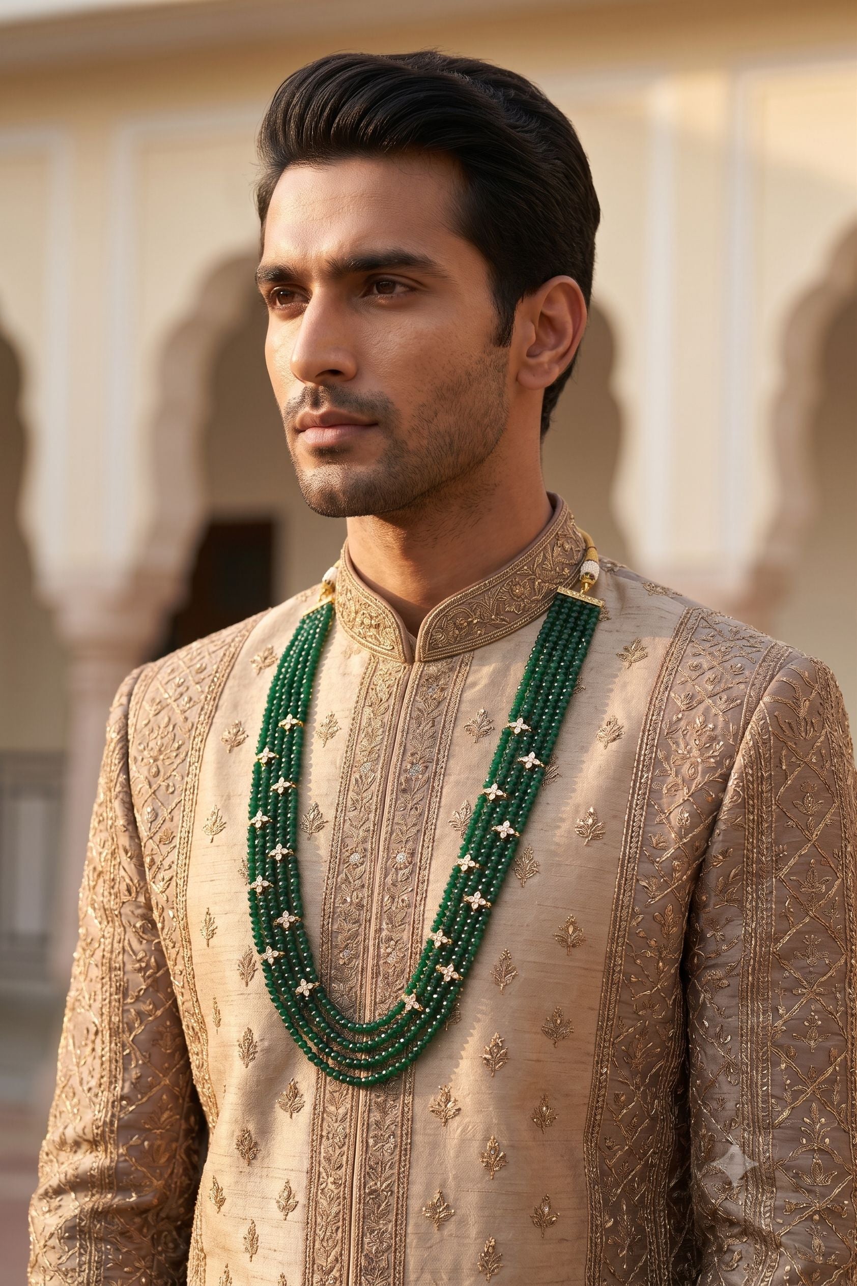Rajwadi Pearl Emerald Groom Wedding Mala