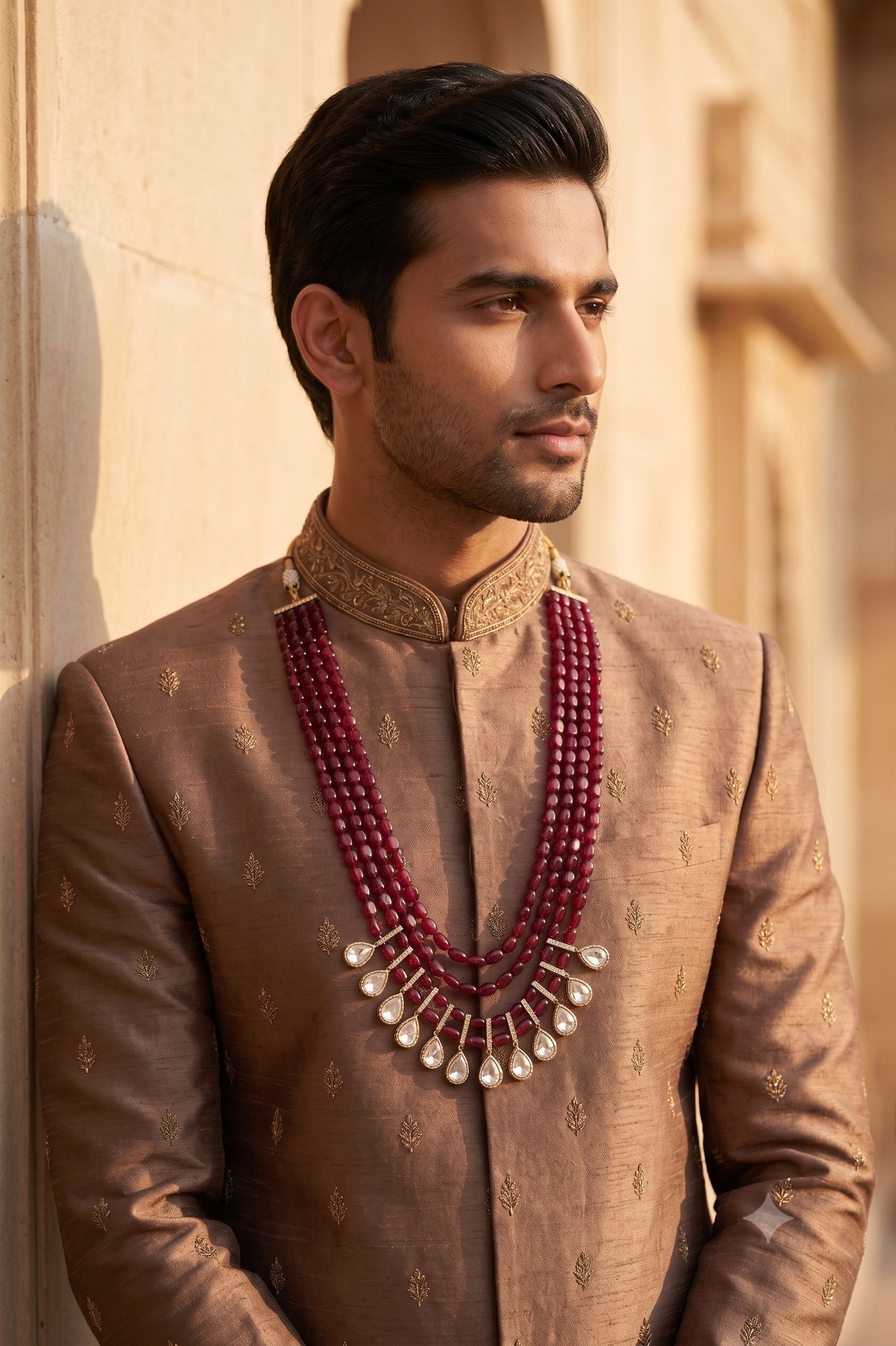 Imperial Pearl Ruby Groom Sherwani Mala