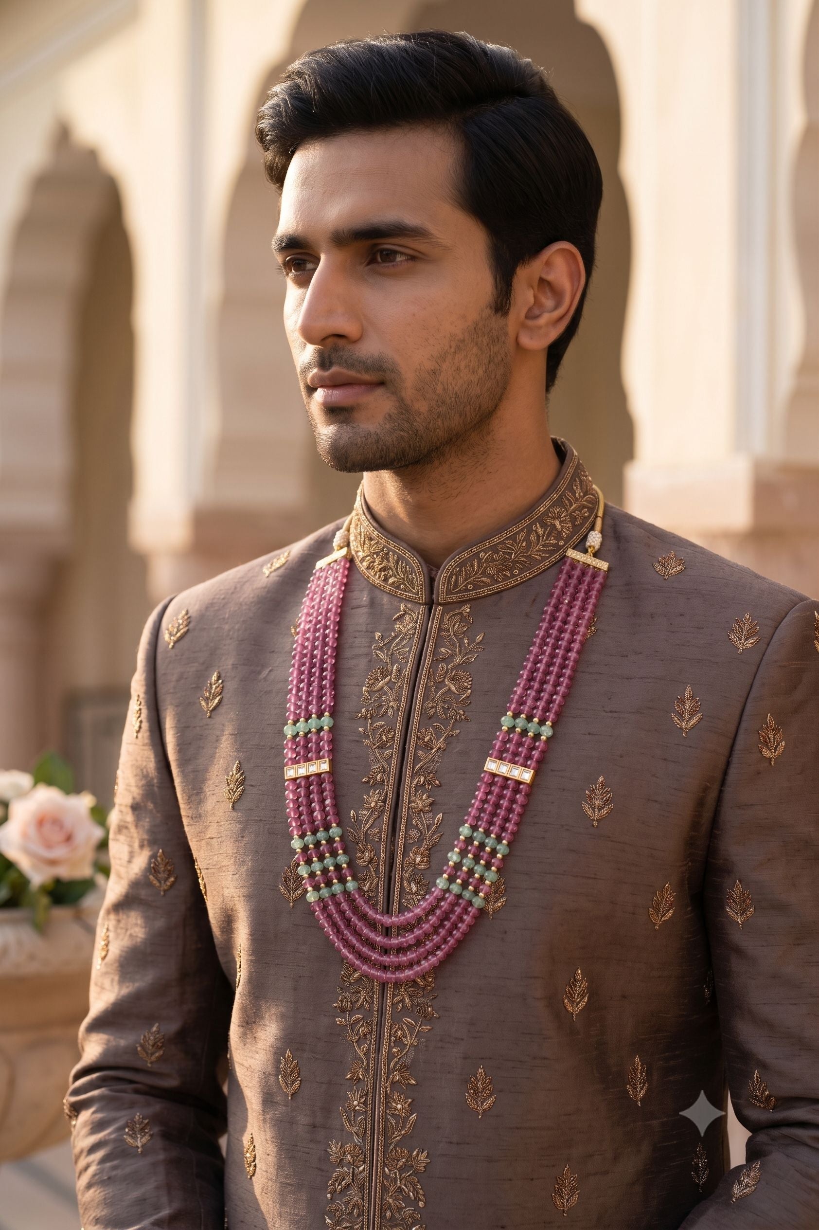 Designer Groom Mala with Emerald & Ruby Pearls