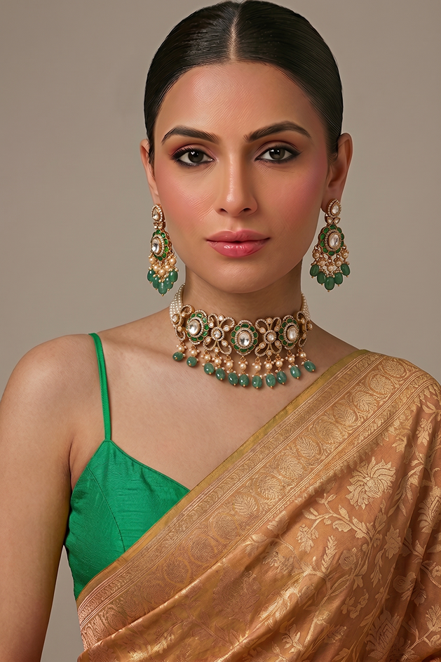 Luxury Kundan Moissanite Emerald Necklace Set