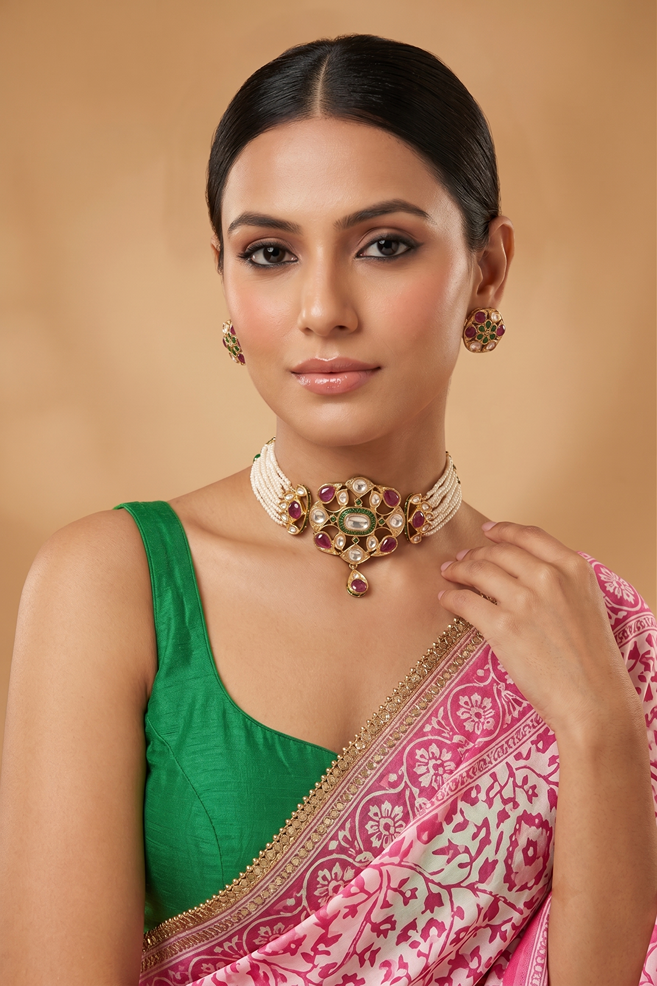 Royal Kundan Ruby Pearl Choker Set