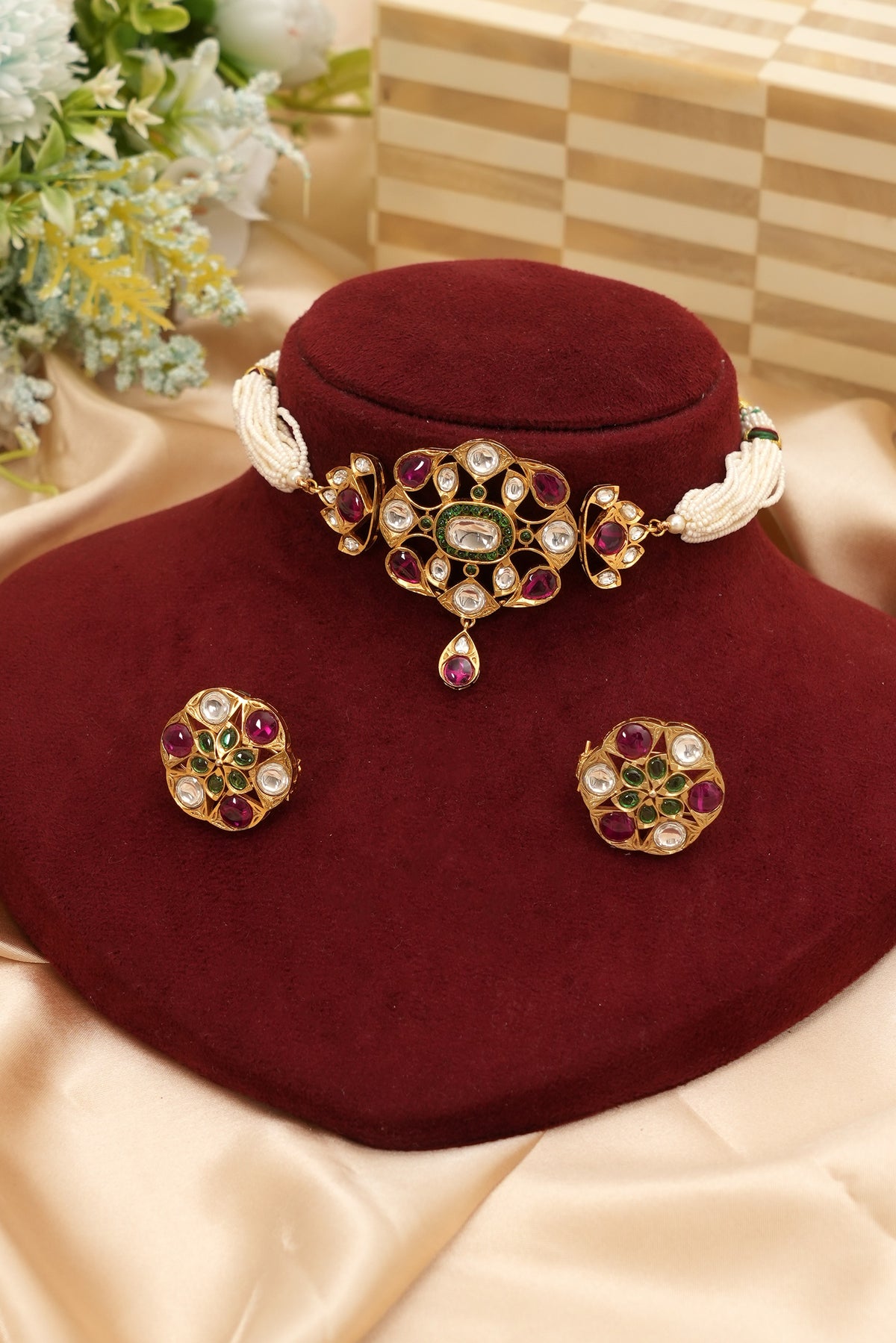 Royal Kundan Ruby Pearl Choker Set