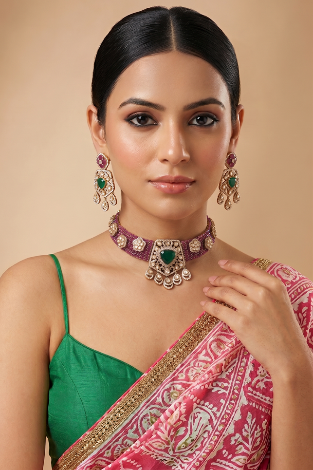 Designer Ruby Emerald Moissanite Necklace Set