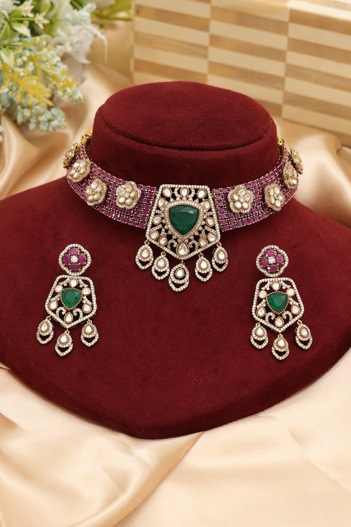 Designer Ruby Emerald Moissanite Necklace Set