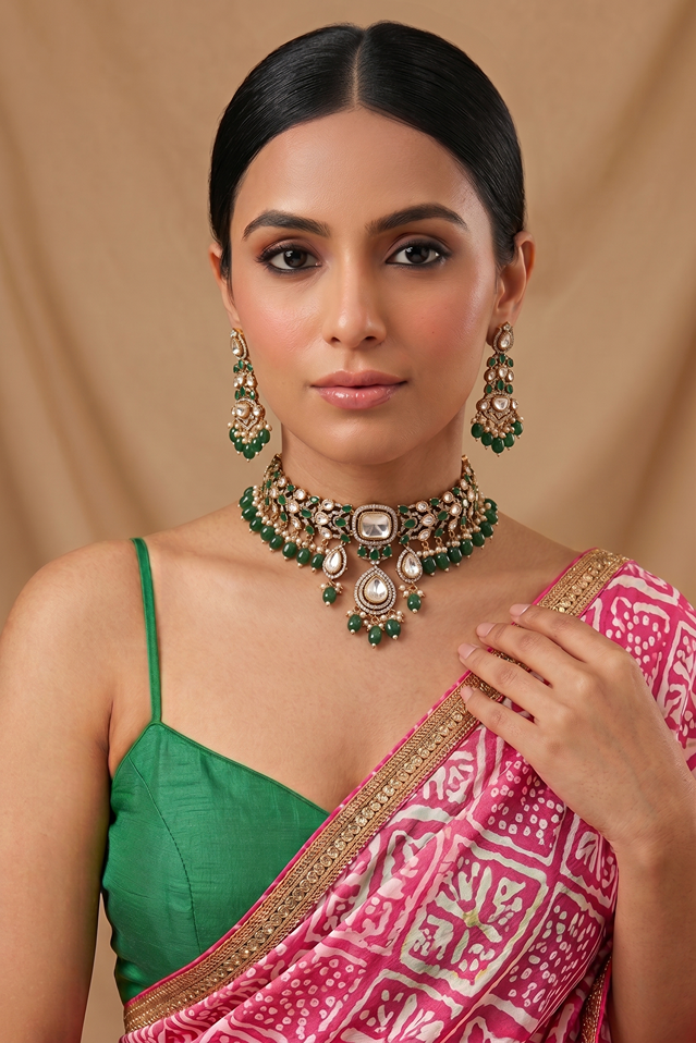 Designer Emerald Kundan Moissanite Jewellery Set