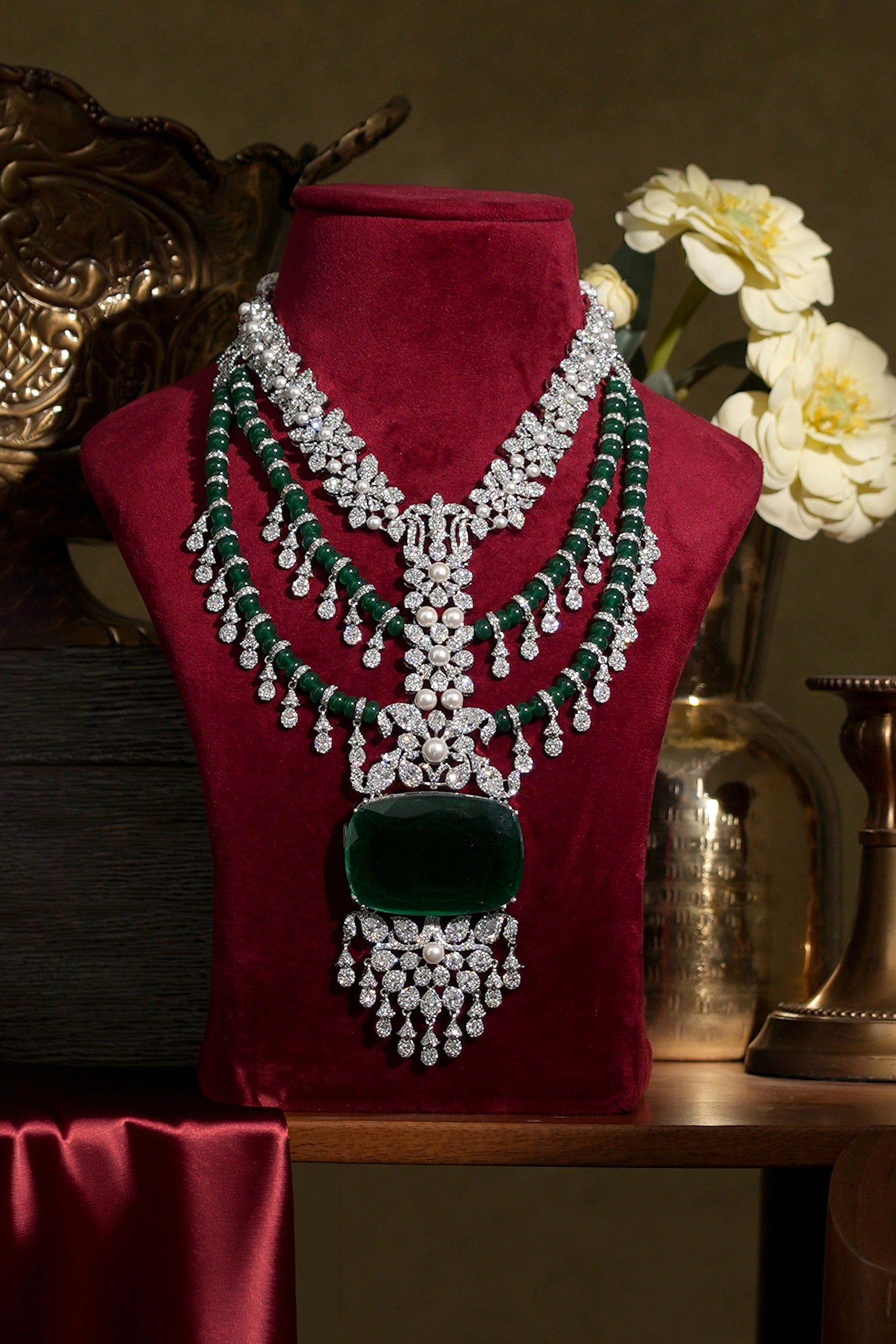Aarvika Diamond Emerald Bridal Necklace Set for Wedding Wea