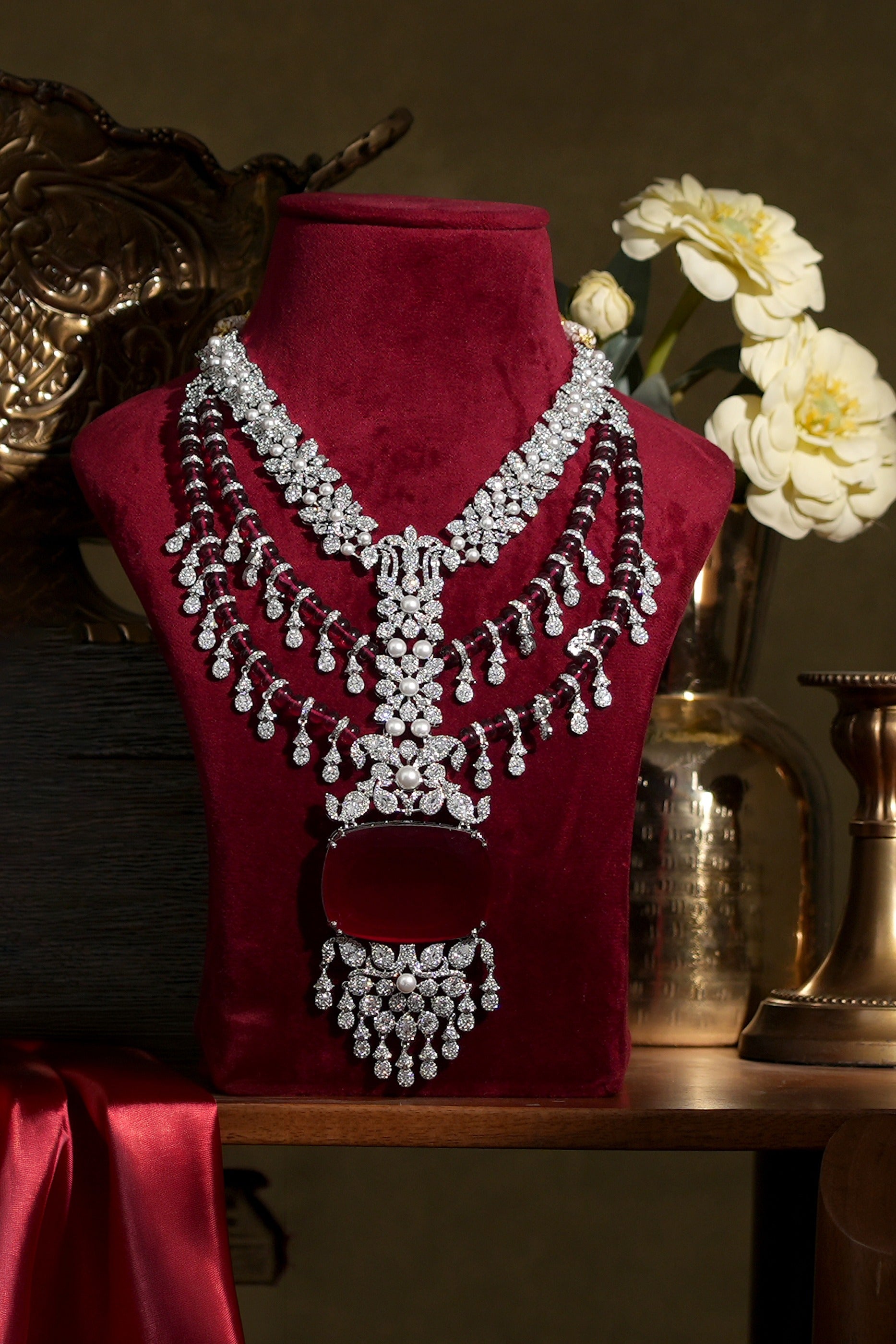 Aarvika Diamond Ruby Bridal Necklace Set for Wedding Wea